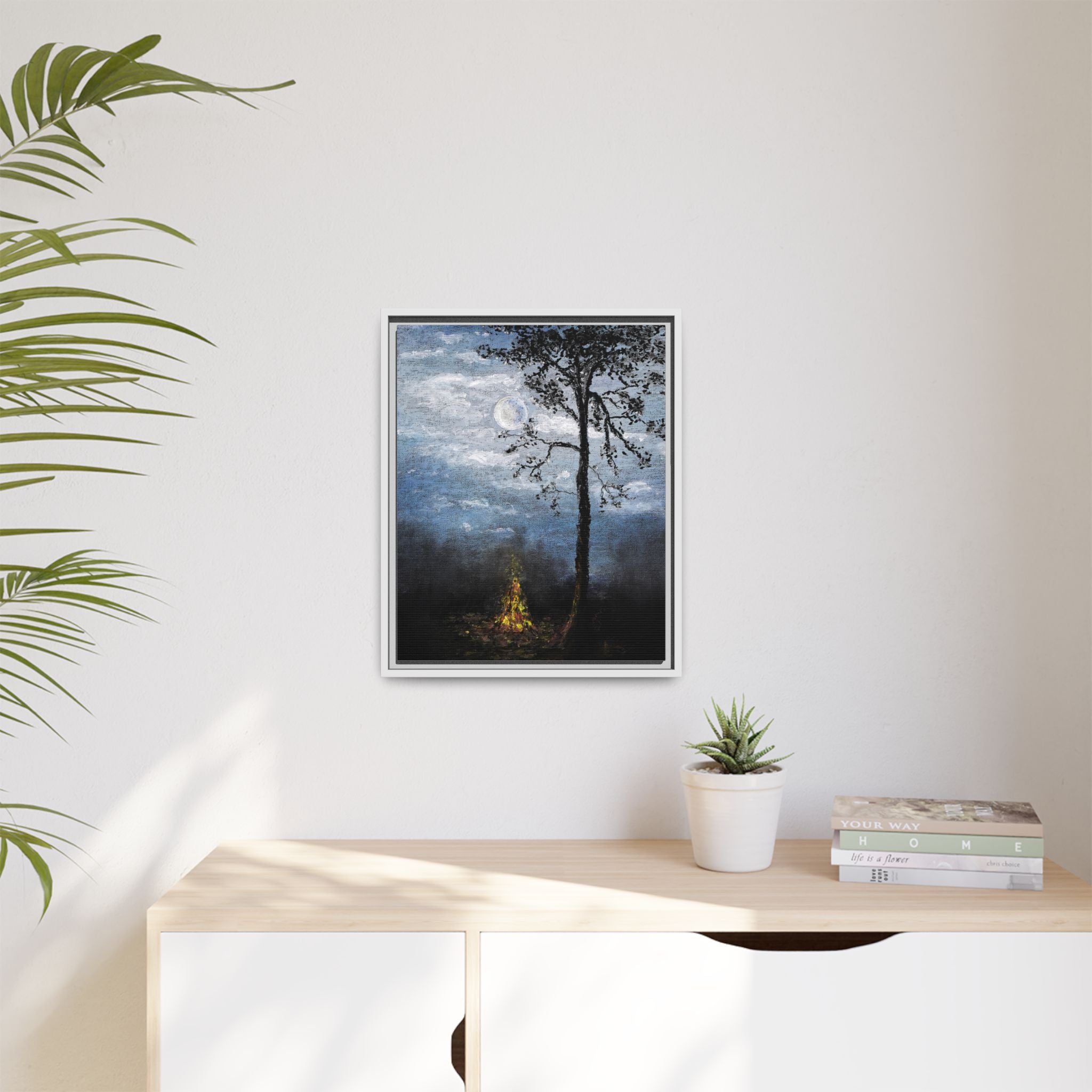 Framed Matte Canvas Print — Moonlit Campfire Landscape