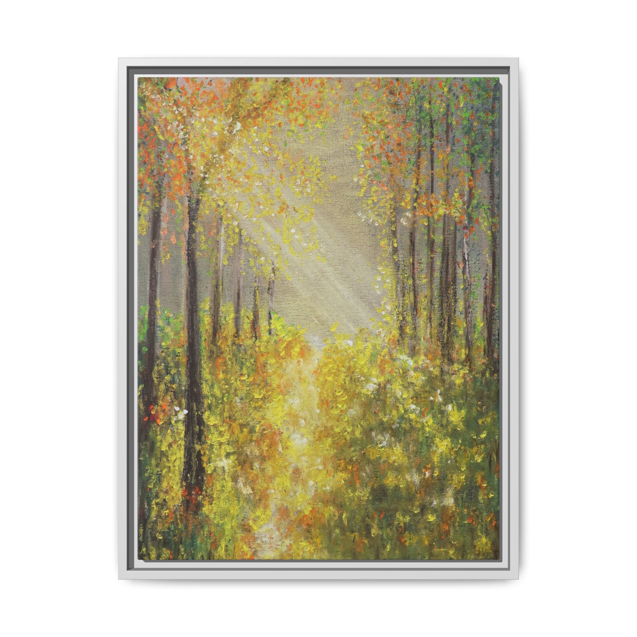 Sunlit Forest Path Framed Canvas Art — Autumn Woodland Wall Decor