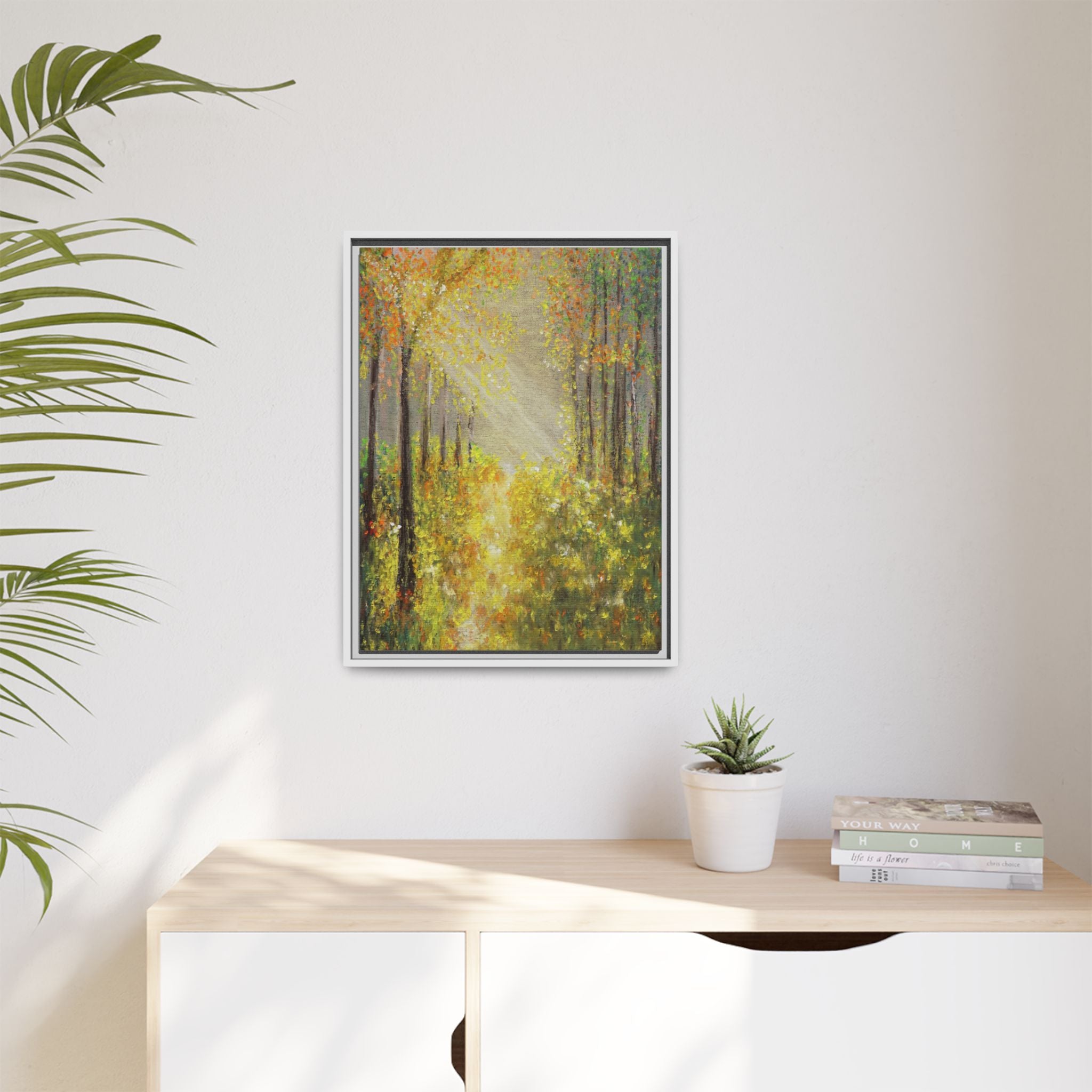 Sunlit Forest Path Framed Canvas Art — Autumn Woodland Wall Decor