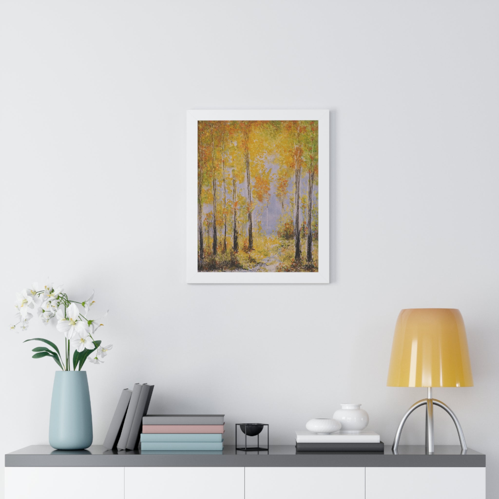Autumn Birch Forest Framed Poster — Vertical Fall Landscape Wall Art