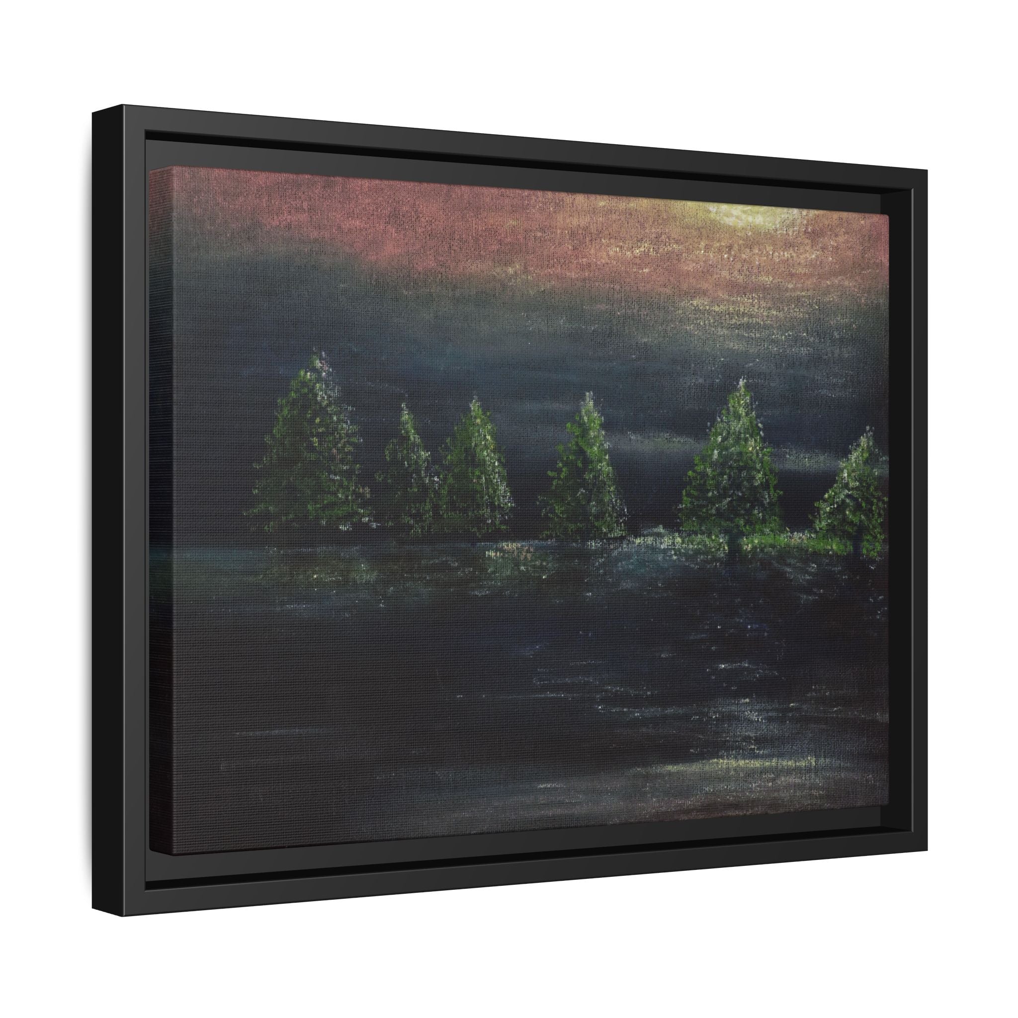 Framed Matte Canvas Wall Art — Moonlit Pine Trees Landscape
