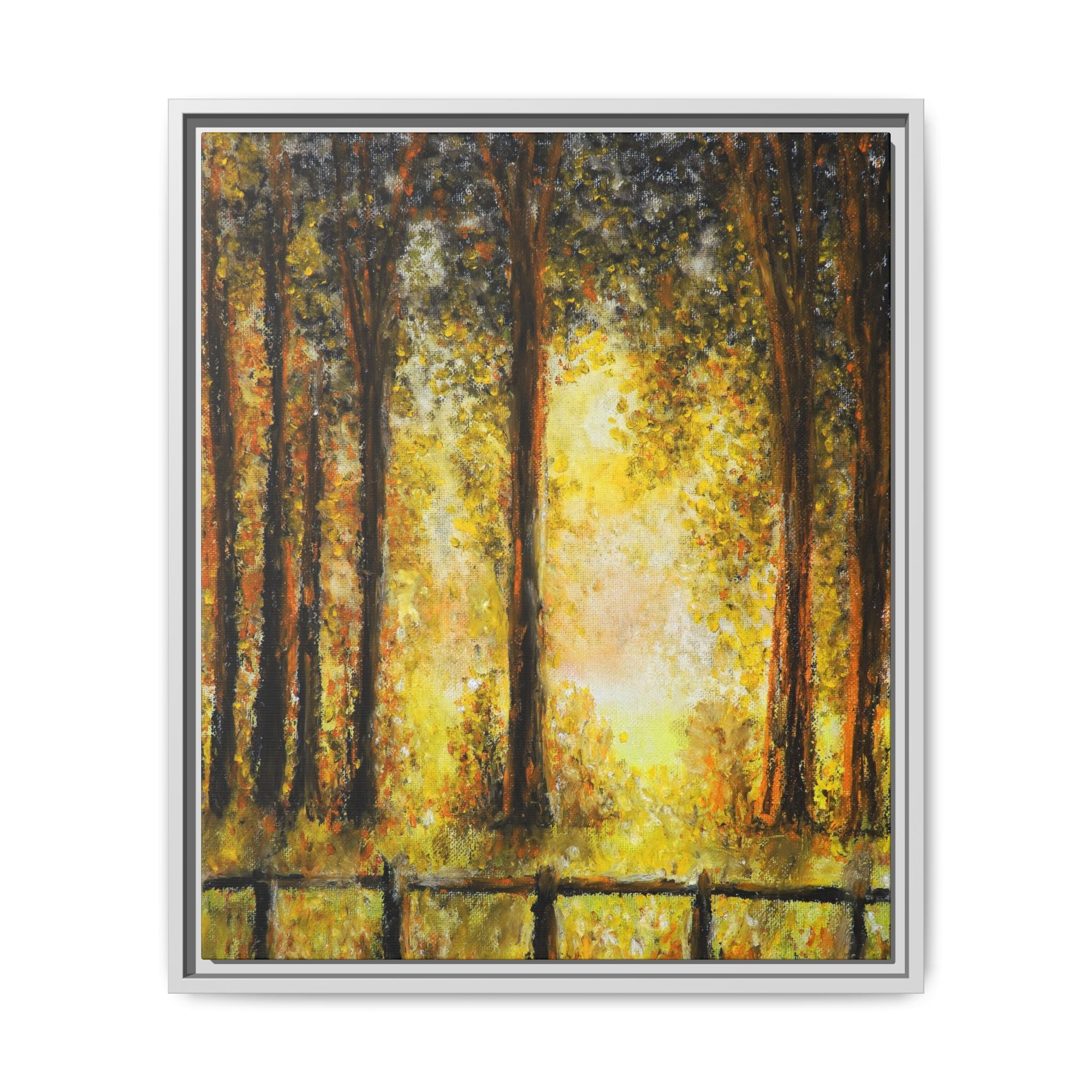 Framed Matte Canvas Art – Golden Forest Sunrise Landscape