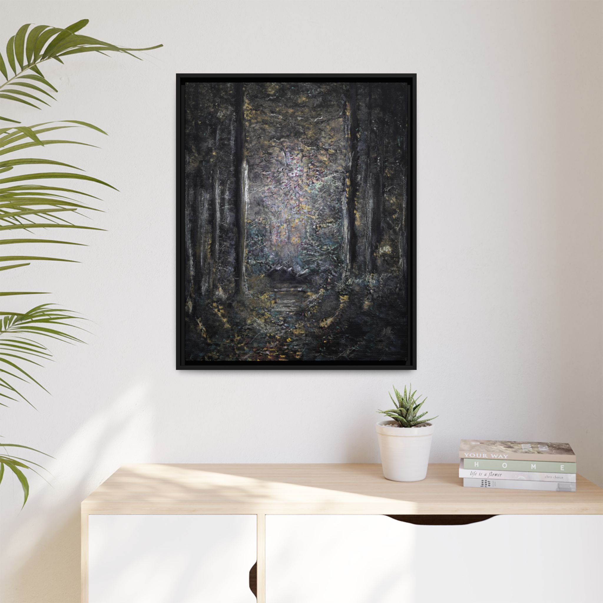 Framed Matte Canvas Forest Painting — Moody Woodland Wall Art