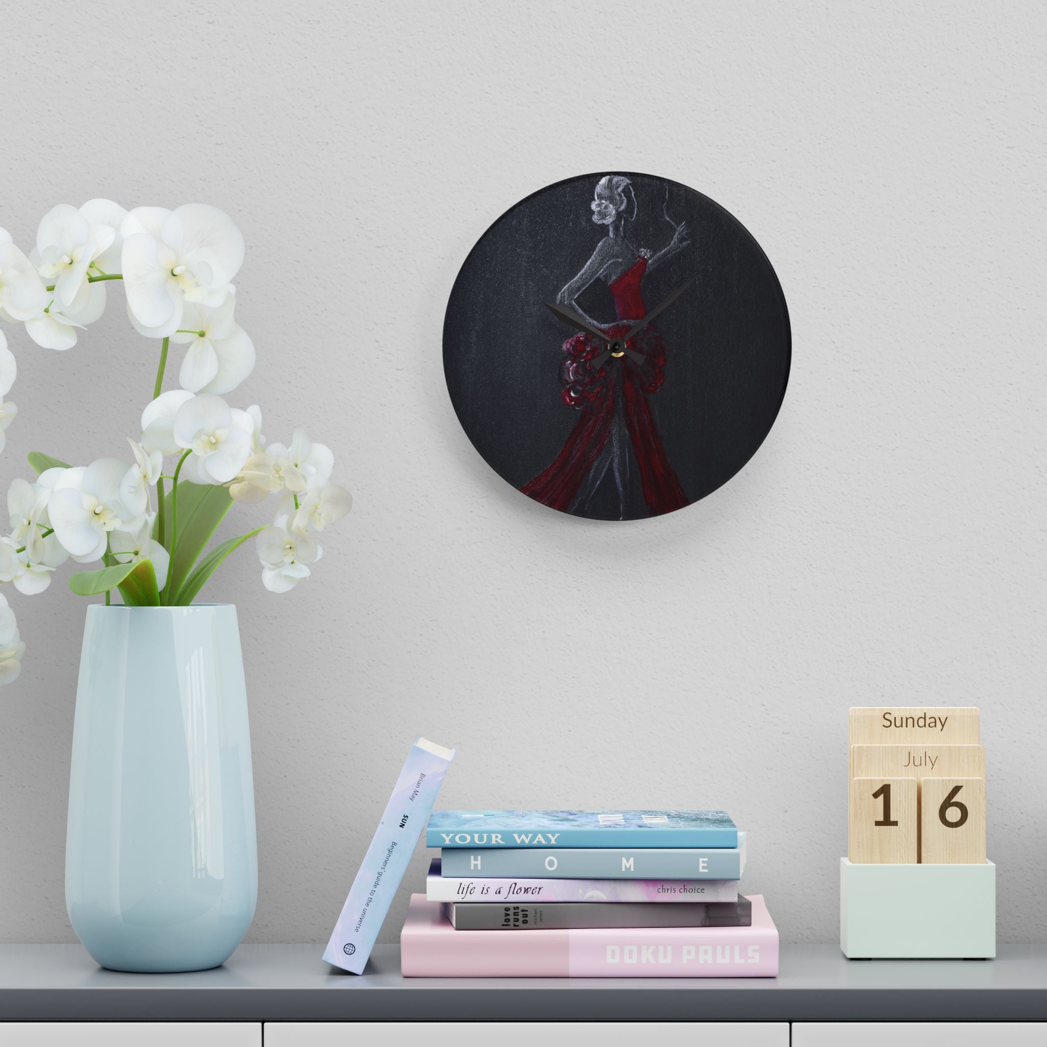 Acrylic Wall Clock — Elegant Woman in Red Dress Art