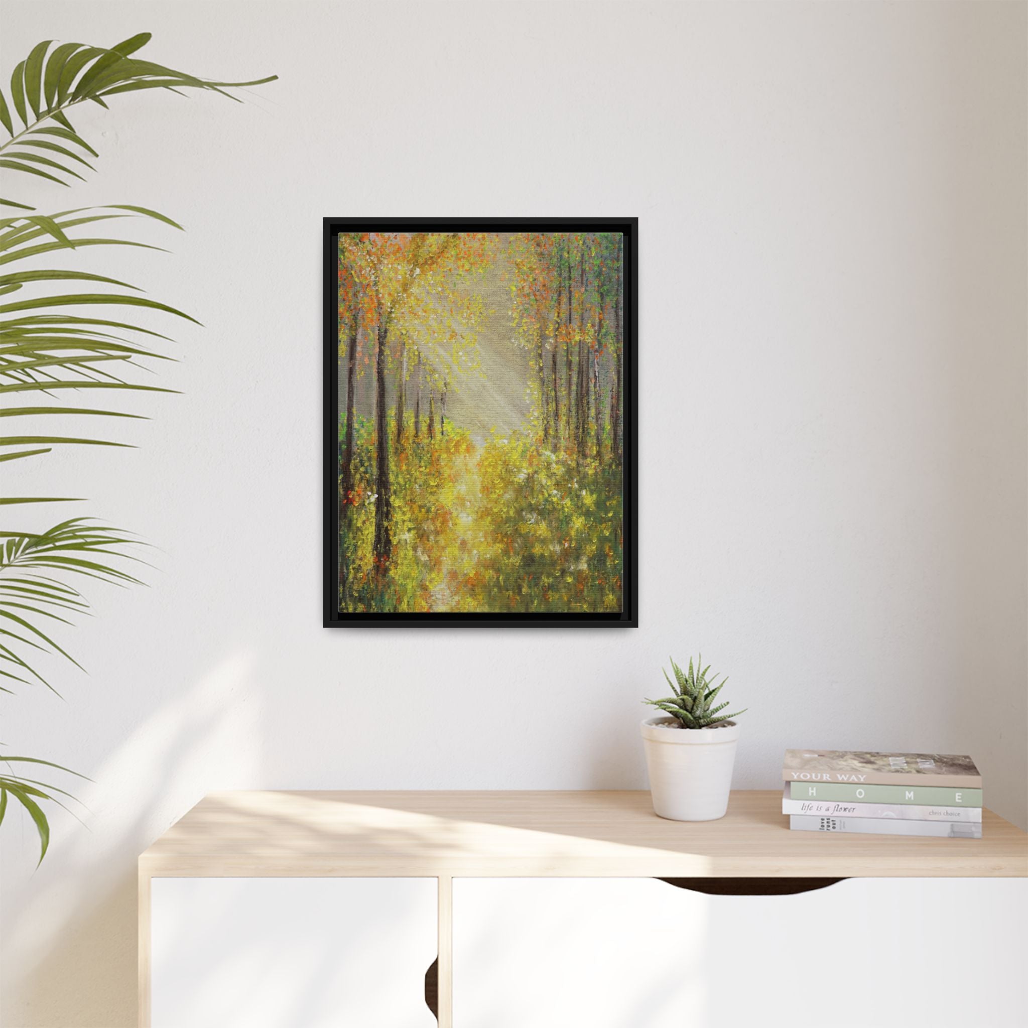 Sunlit Forest Path Framed Canvas Art — Autumn Woodland Wall Decor