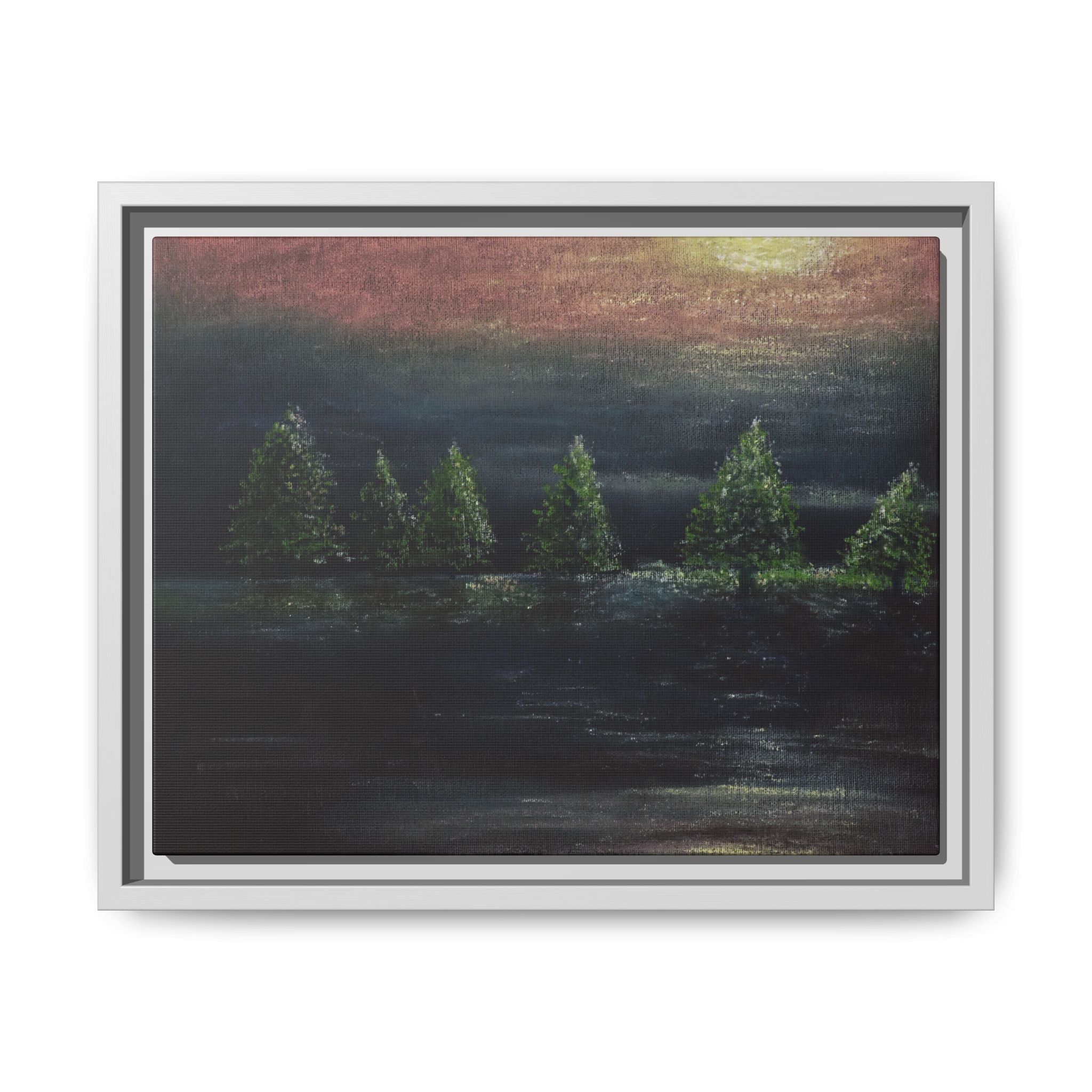 Framed Matte Canvas Wall Art — Moonlit Pine Trees Landscape
