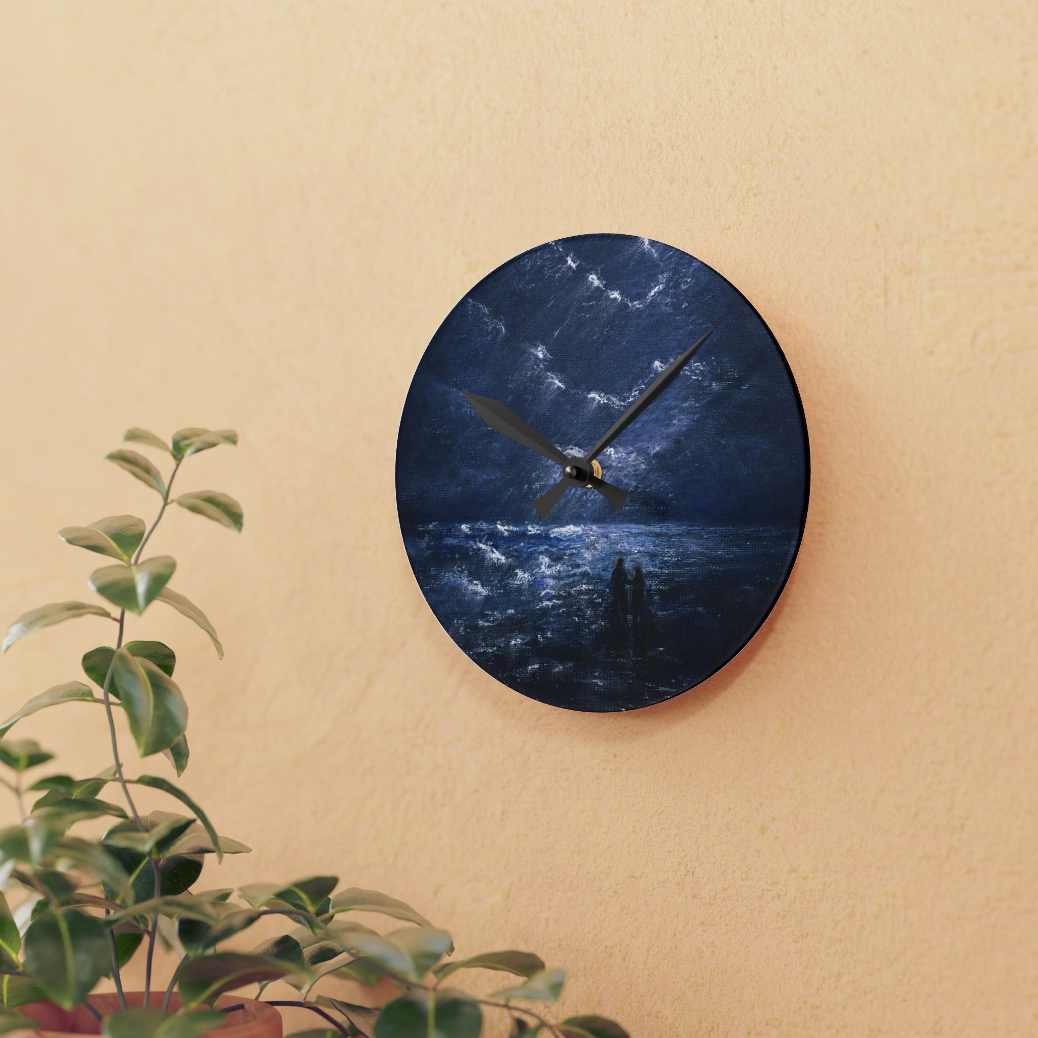 Acrylic Wall Clock — Moody Coastal Nightscape Clock (Couple on Shore)