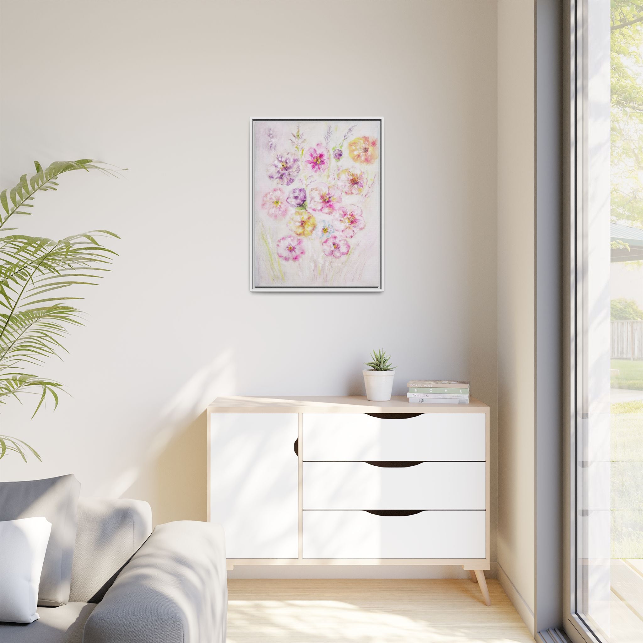 Framed Floral Canvas Print — Soft Pastel Bouquet Wall Art