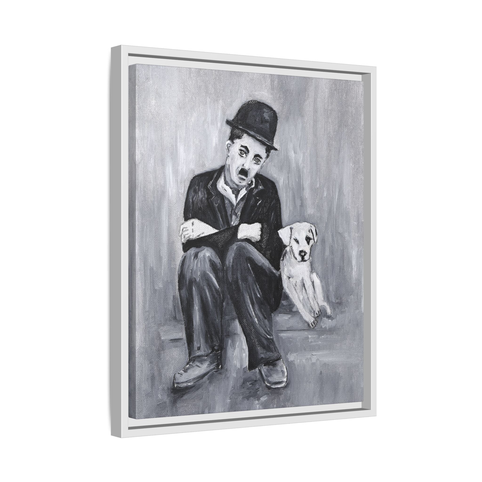 Charlie Chaplin & Dog Matte Framed Canvas Print — Vintage Black & White Wall Art
