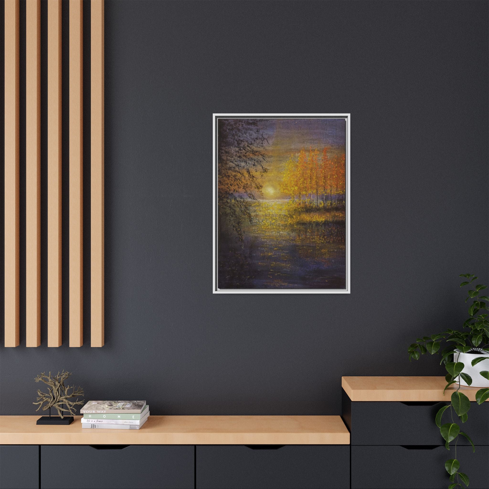 Framed Matte Canvas Painting - Golden Trees Over Tranquil Lake