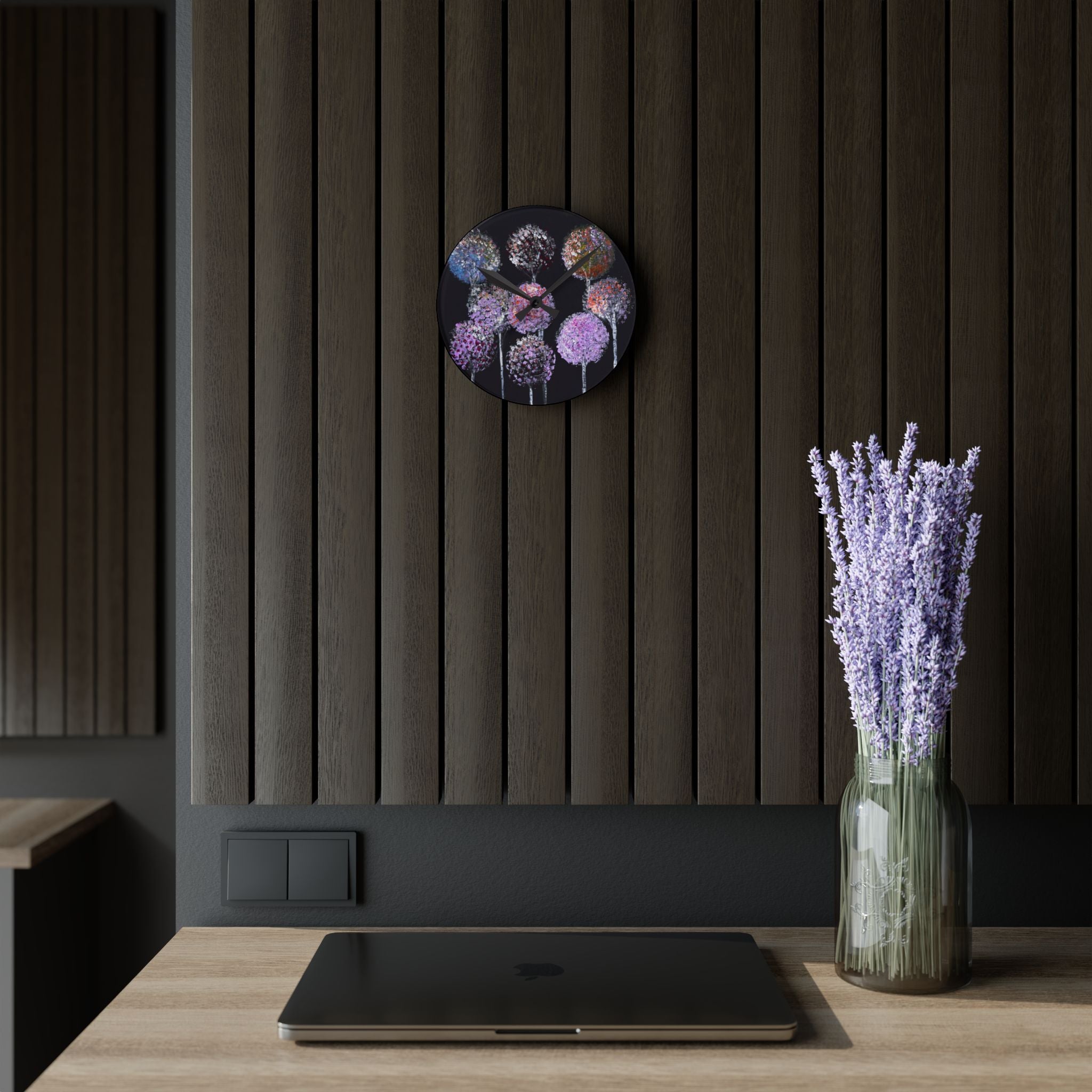 Acrylic Wall Clock — Pastel Allium Floral Design on Black