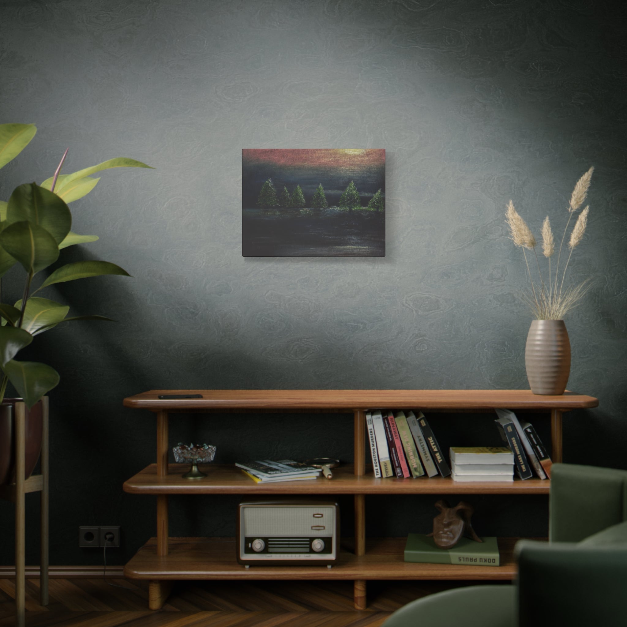 Moonlit Pine Trees Matte Canvas Wall Art — Stretched Nature Landscape Painting