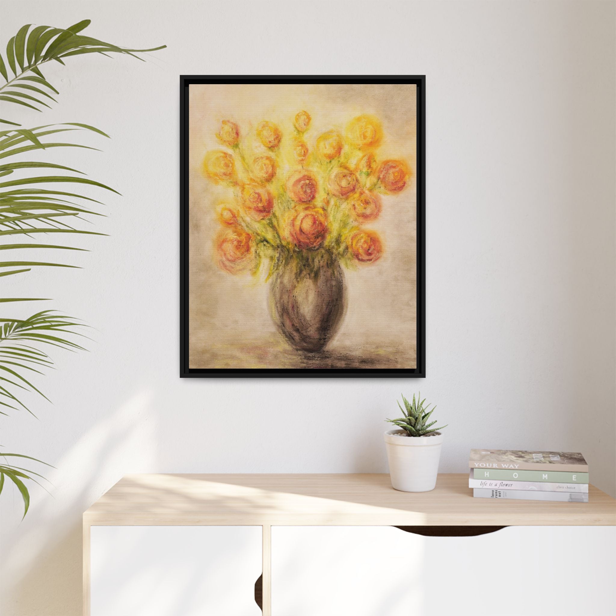 Framed Matte Canvas Floral Bouquet Wall Art — Yellow Rose Vase Print