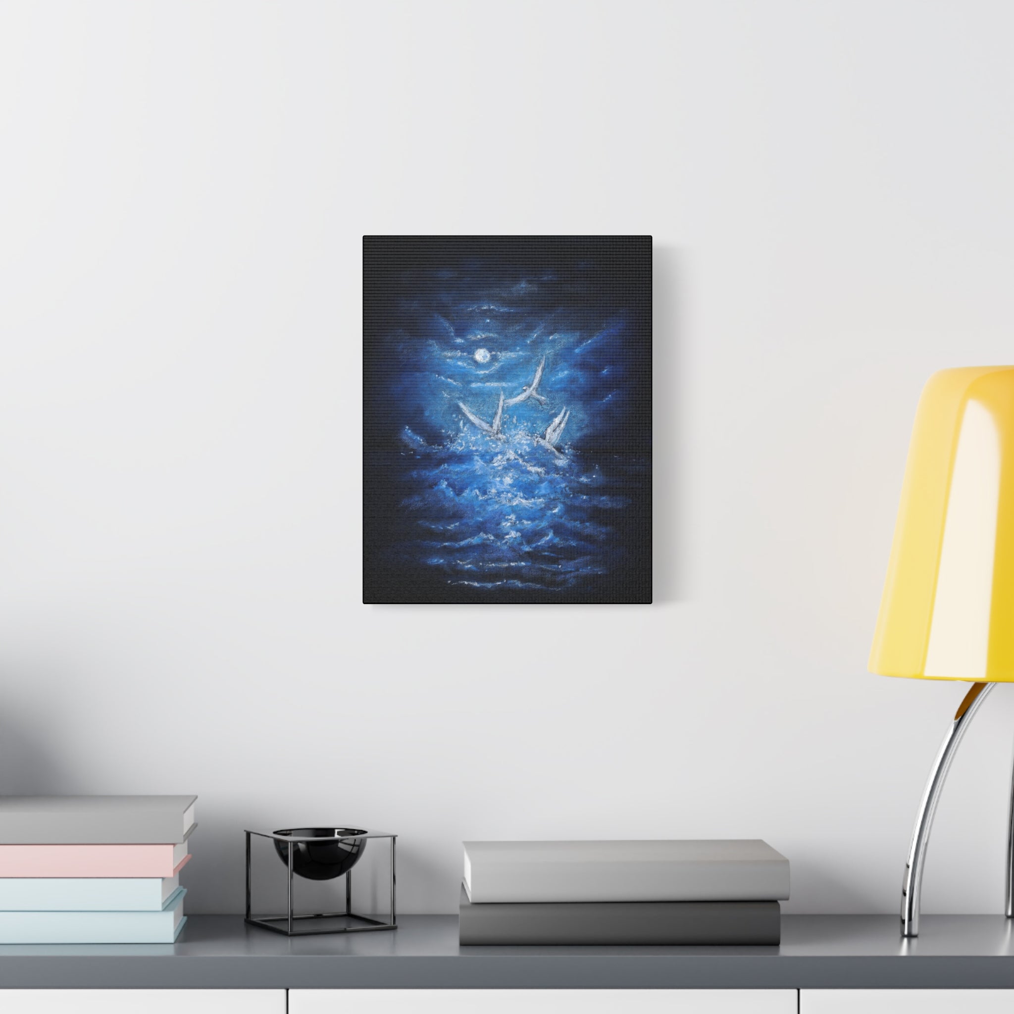 Moonlit White Birds Matte Stretched Canvas – Serene Ocean Wall Art