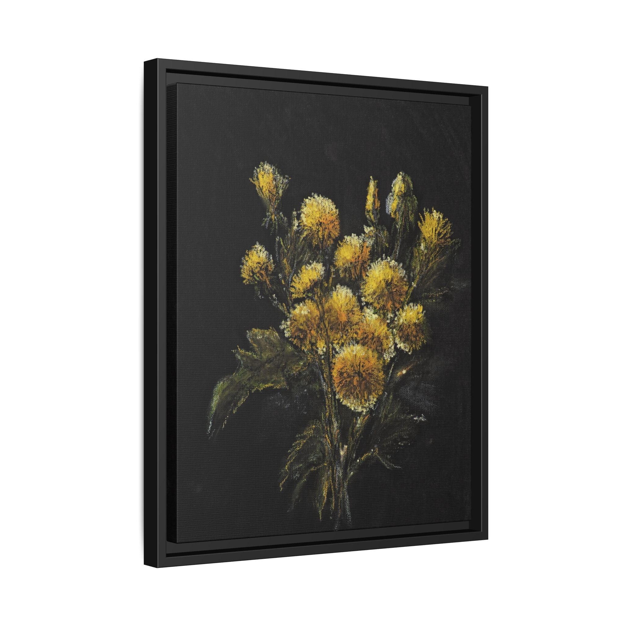 Framed Matte Canvas Print — Yellow Wildflower Bouquet on Black (Botanical Wall Art)