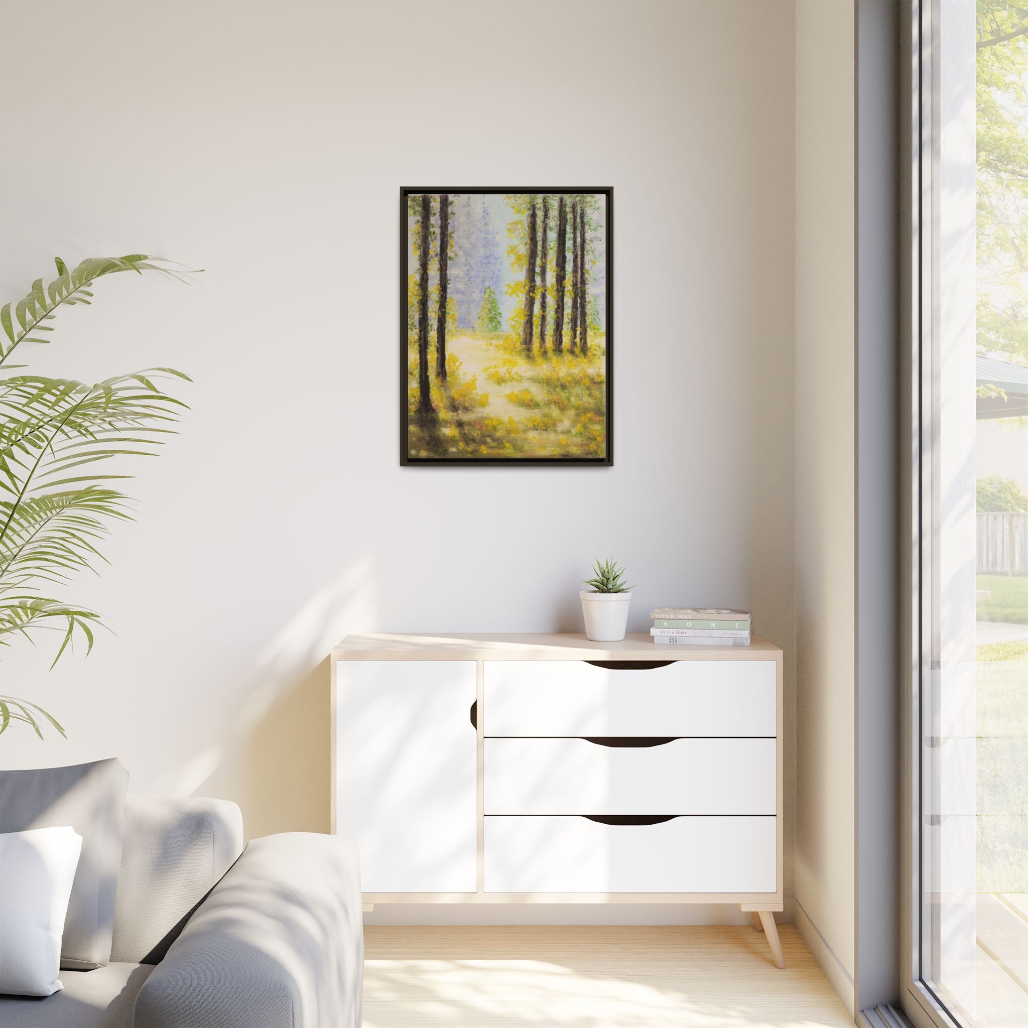 Framed Matte Canvas Print — Sunlit Forest Landscape Wall Art