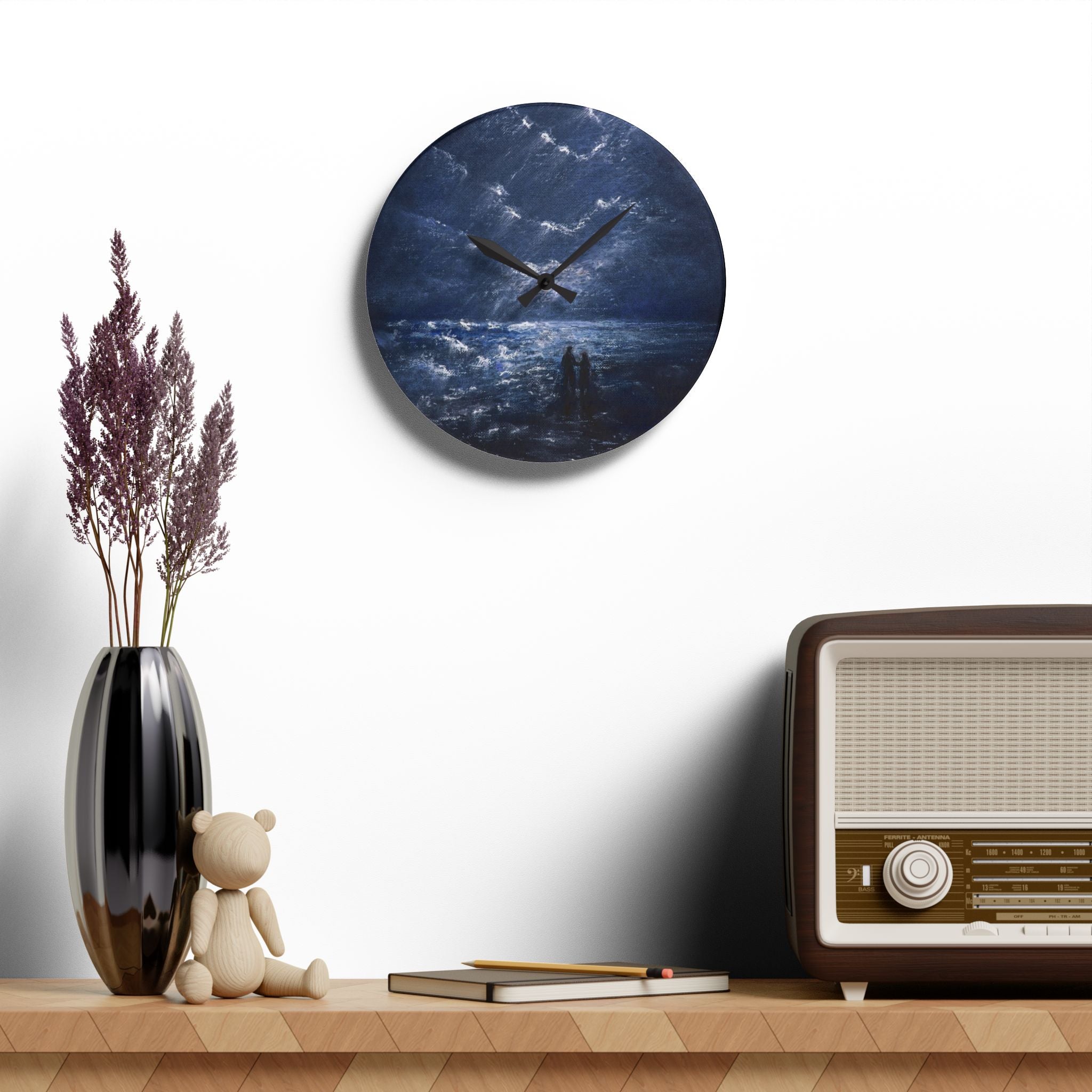 Acrylic Wall Clock — Moody Coastal Nightscape Clock (Couple on Shore)