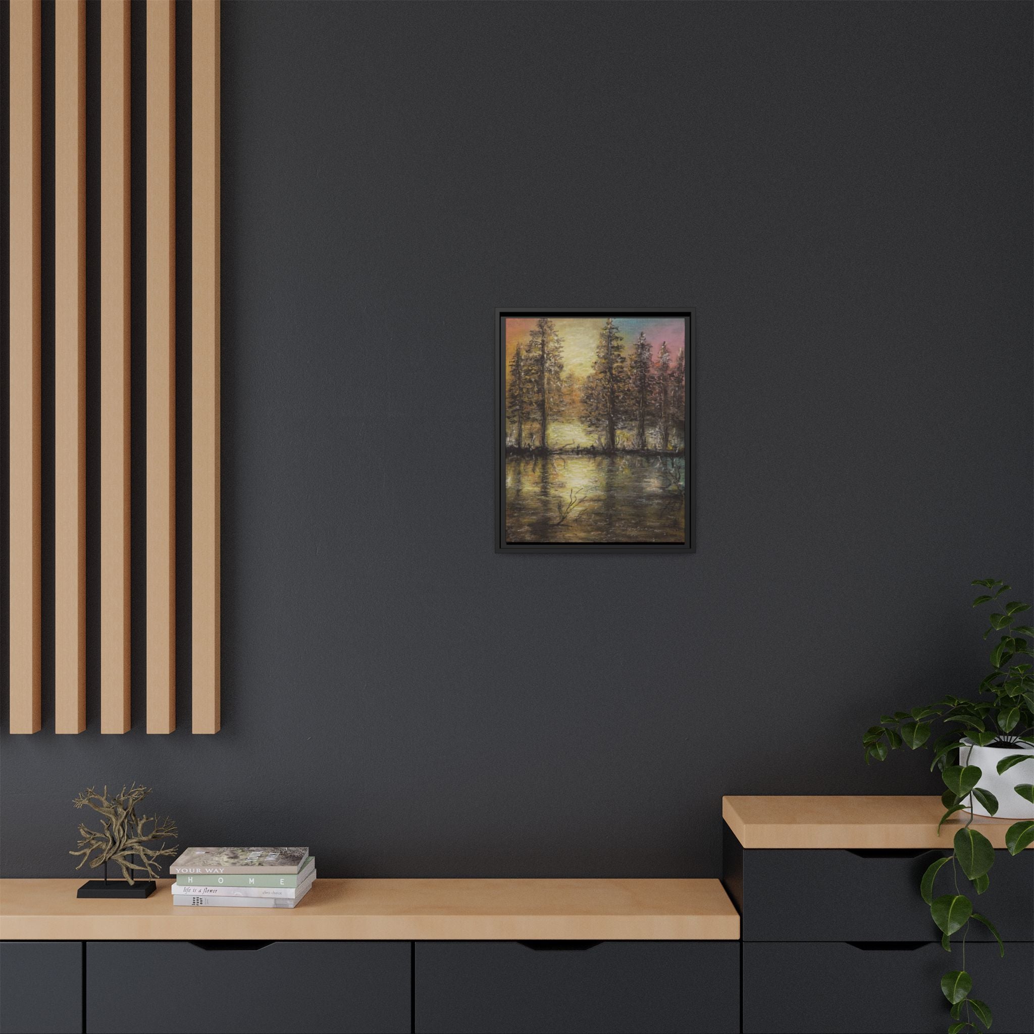Framed Matte Canvas Wall Art — Sunset Forest Reflection
