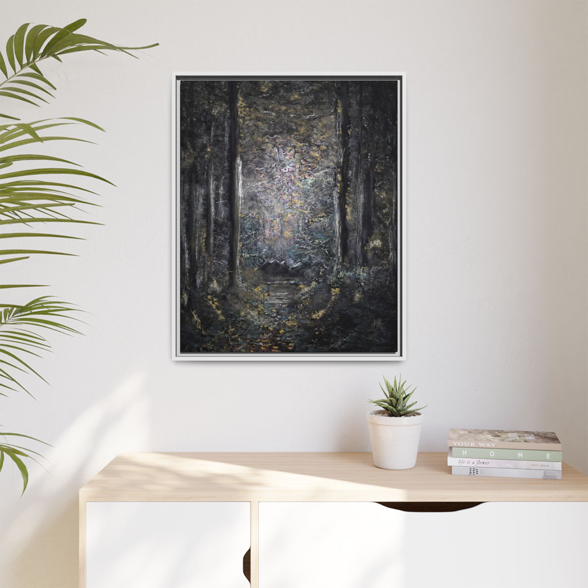 Framed Matte Canvas Forest Painting — Moody Woodland Wall Art