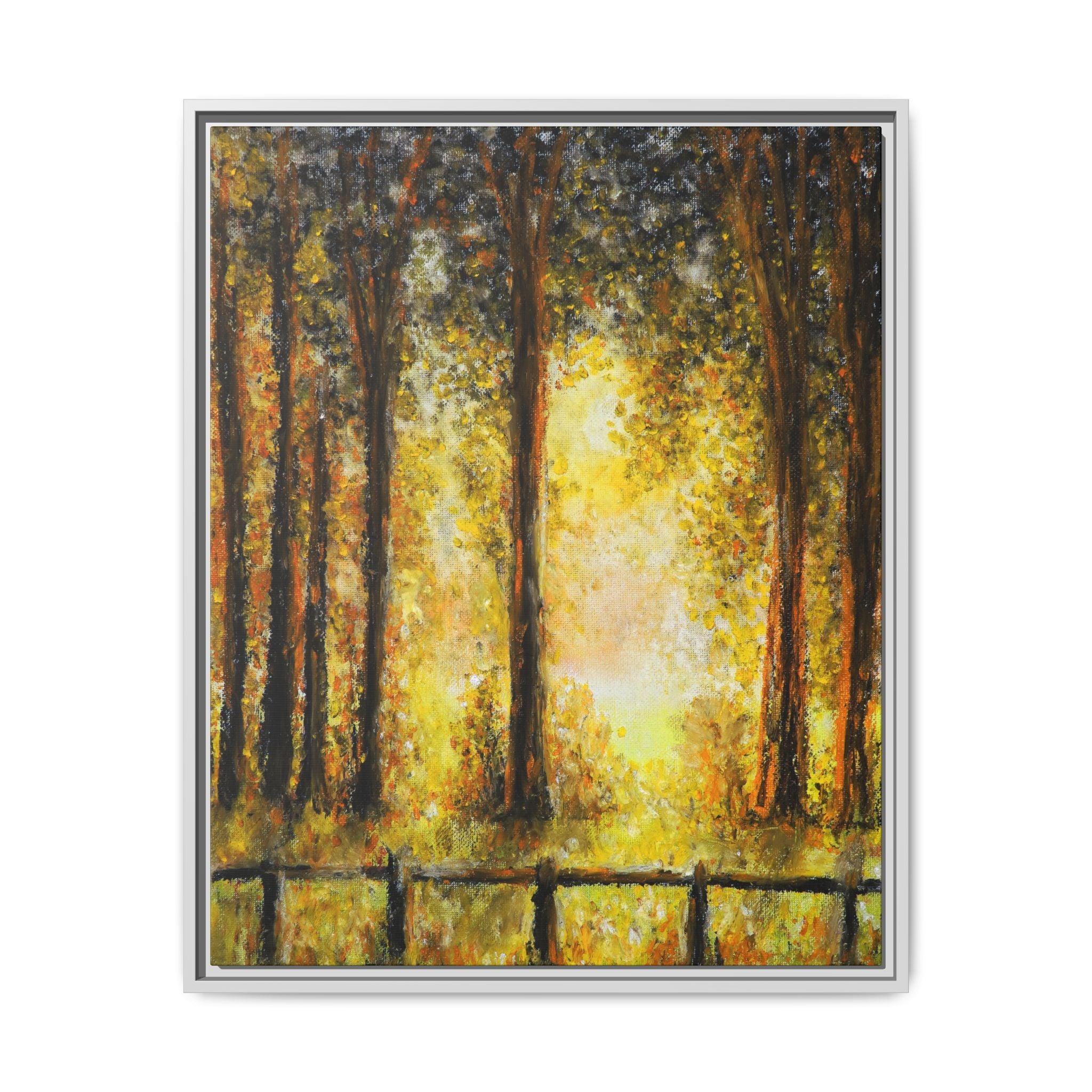 Framed Matte Canvas Art – Golden Forest Sunrise Landscape