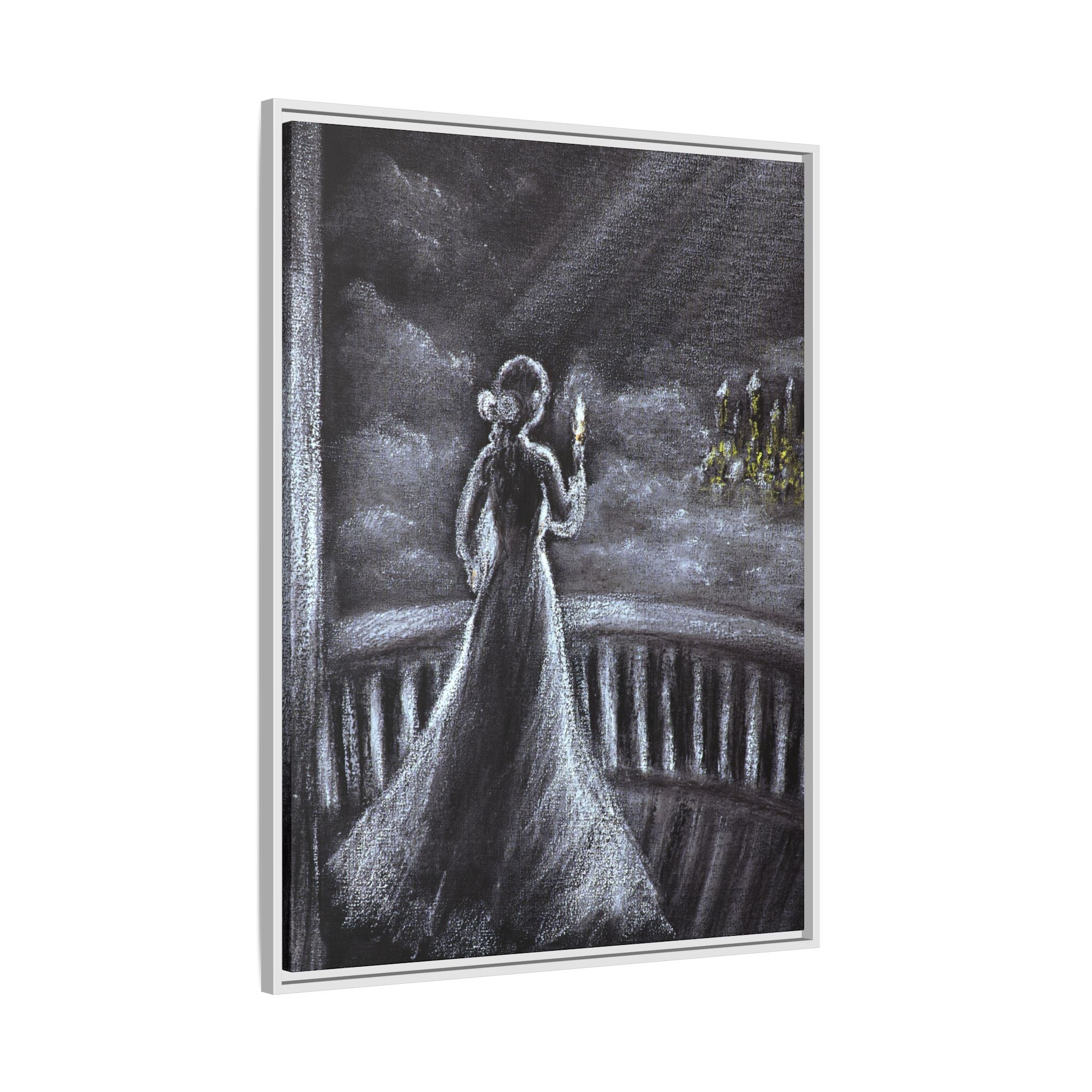 Framed Matte Canvas — Moonlit Lady on Balcony