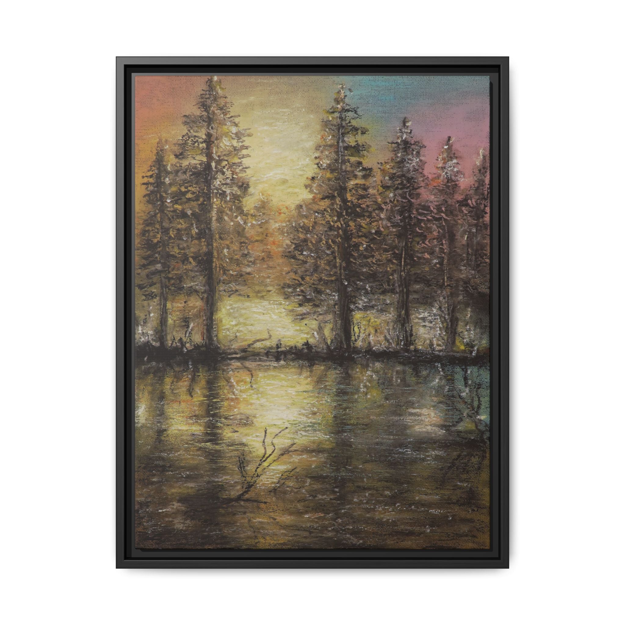 Framed Matte Canvas Wall Art — Sunset Forest Reflection