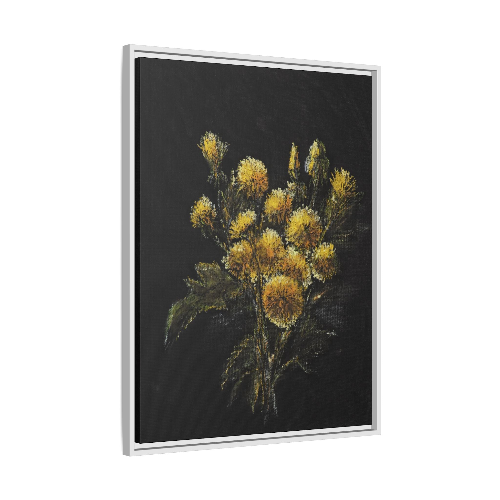 Framed Matte Canvas Print — Yellow Wildflower Bouquet on Black (Botanical Wall Art)