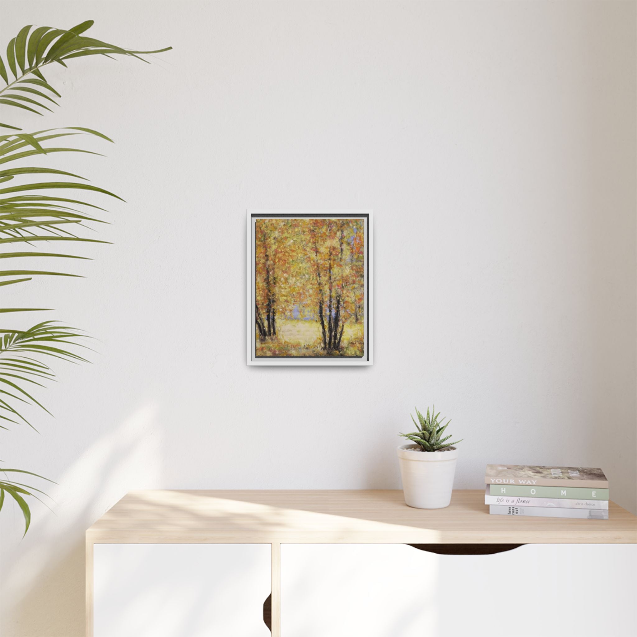Framed Matte Canvas Autumn Forest Wall Art — Golden Trees Landscape Print