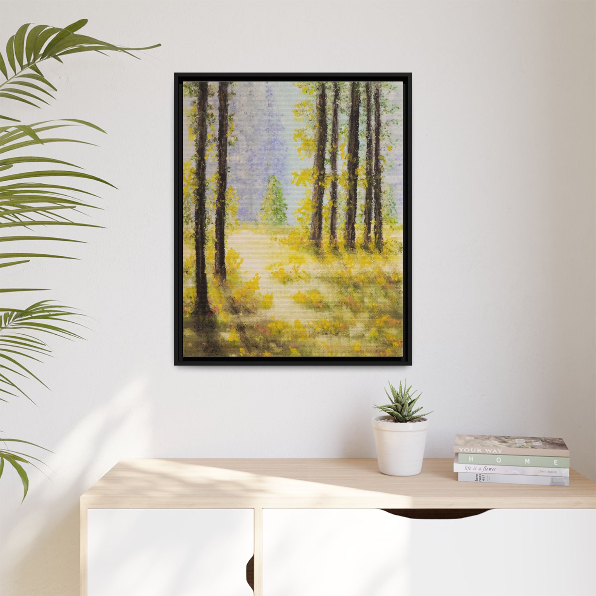 Framed Matte Canvas Print — Sunlit Forest Landscape Wall Art