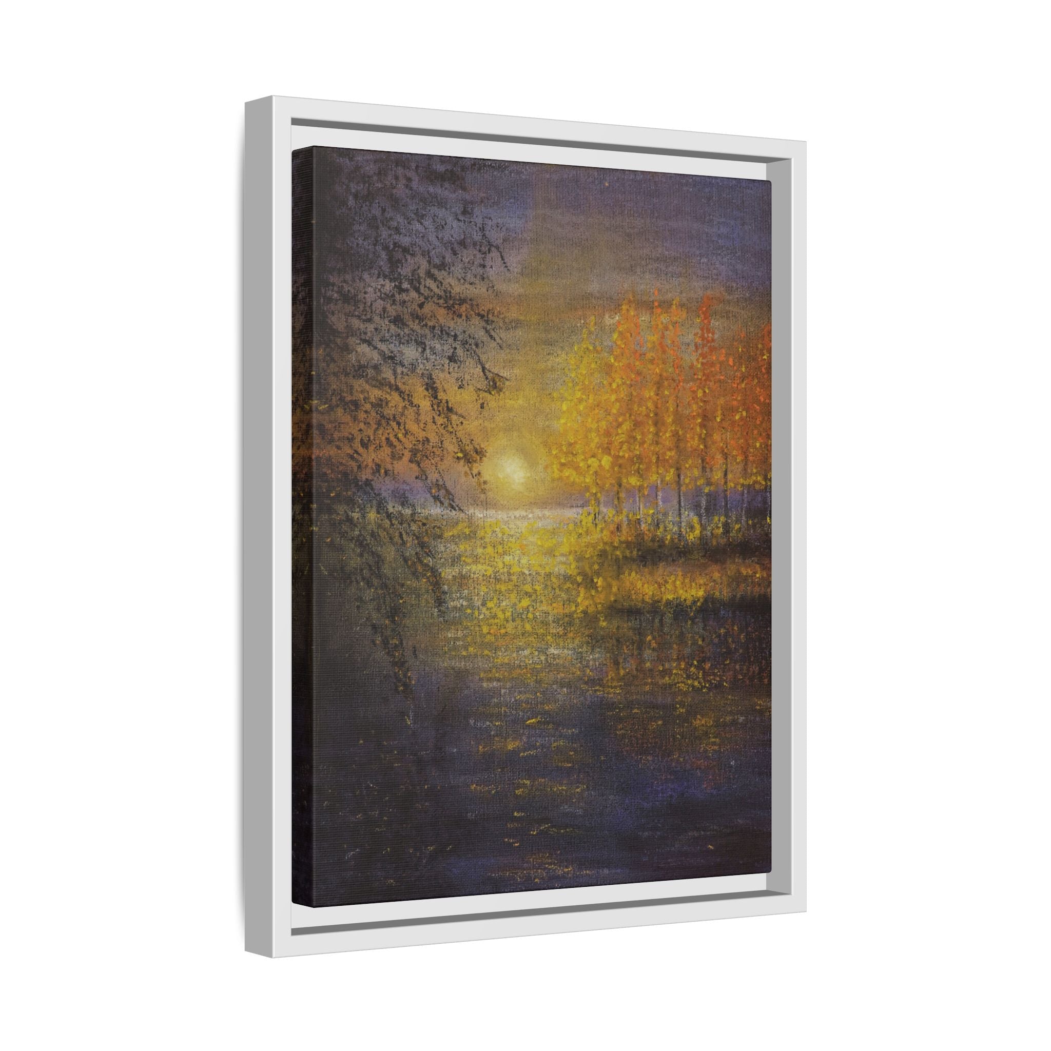 Framed Matte Canvas Painting - Golden Trees Over Tranquil Lake
