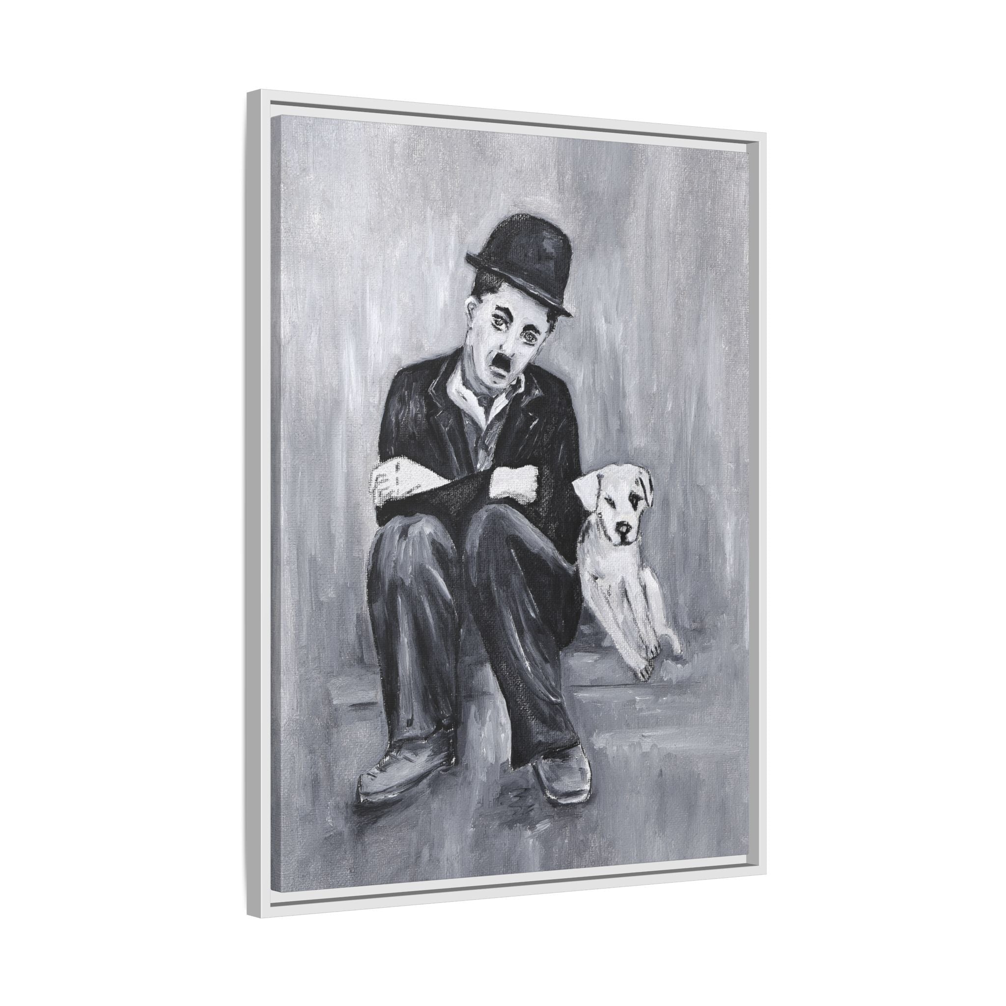 Charlie Chaplin & Dog Matte Framed Canvas Print — Vintage Black & White Wall Art