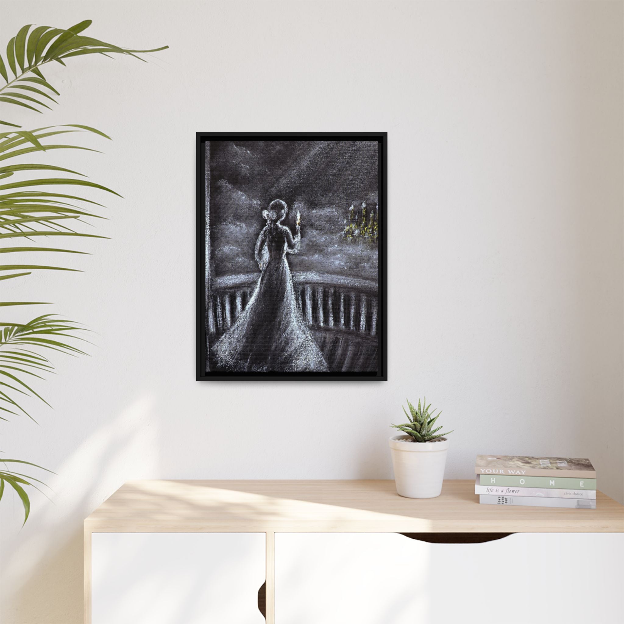 Framed Matte Canvas — Moonlit Lady on Balcony