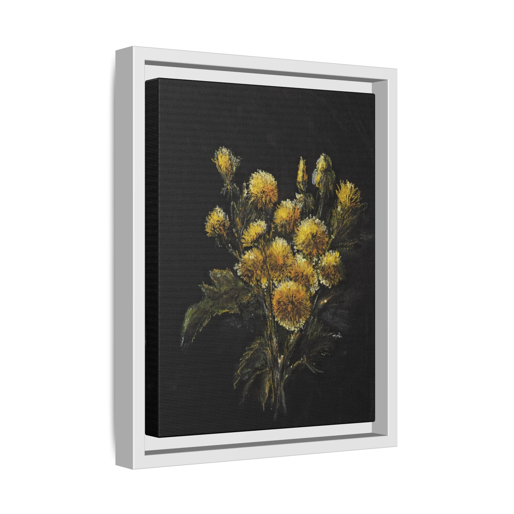 Framed Matte Canvas Print — Yellow Wildflower Bouquet on Black (Botanical Wall Art)