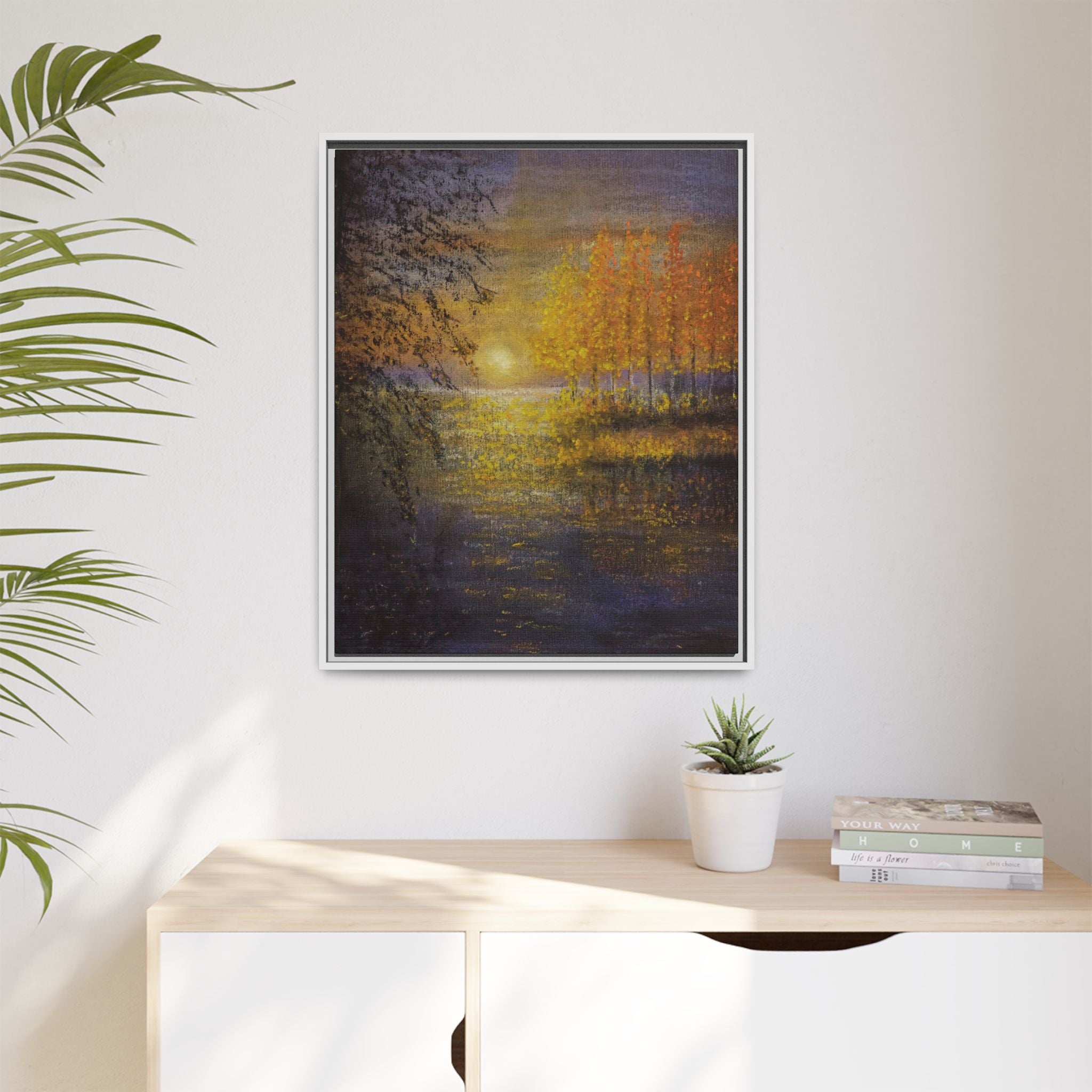 Framed Matte Canvas Painting - Golden Trees Over Tranquil Lake