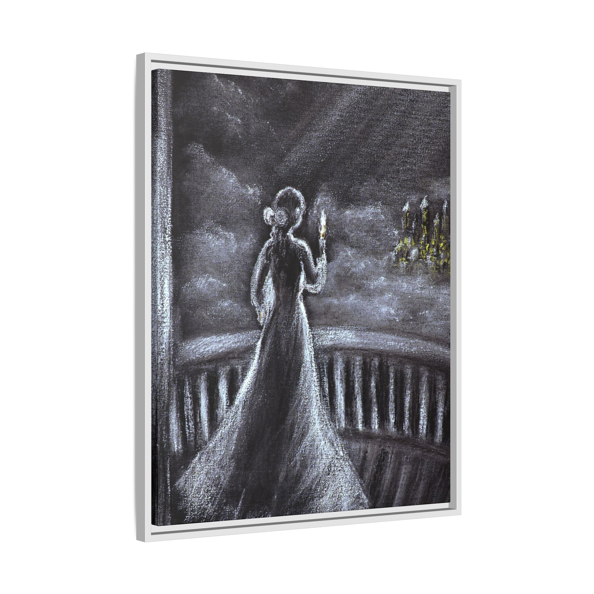 Framed Matte Canvas — Moonlit Lady on Balcony