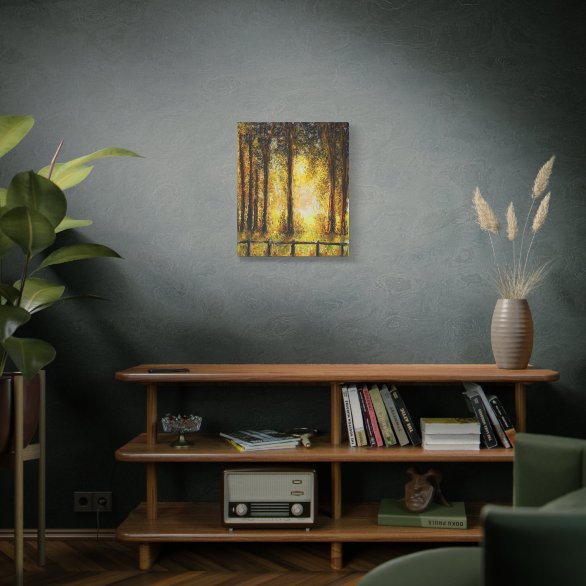 Sunlit Forest Matte Canvas Wall Art — Golden Trees Landscape