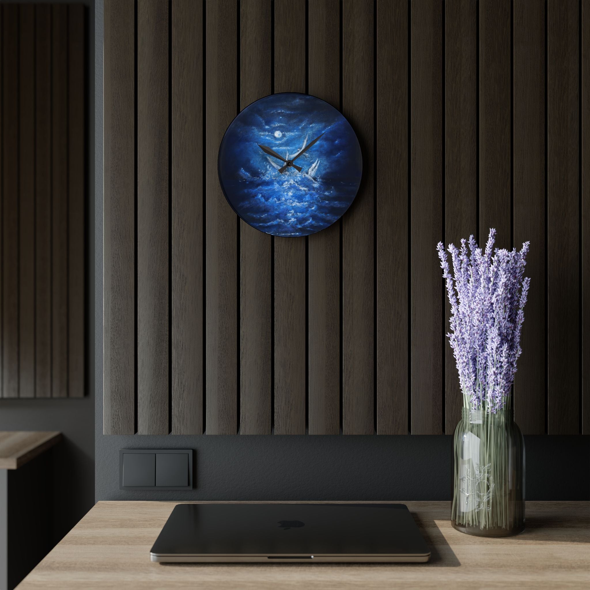 Acrylic Wall Clock — Midnight Ocean White Birds Night Sky Art