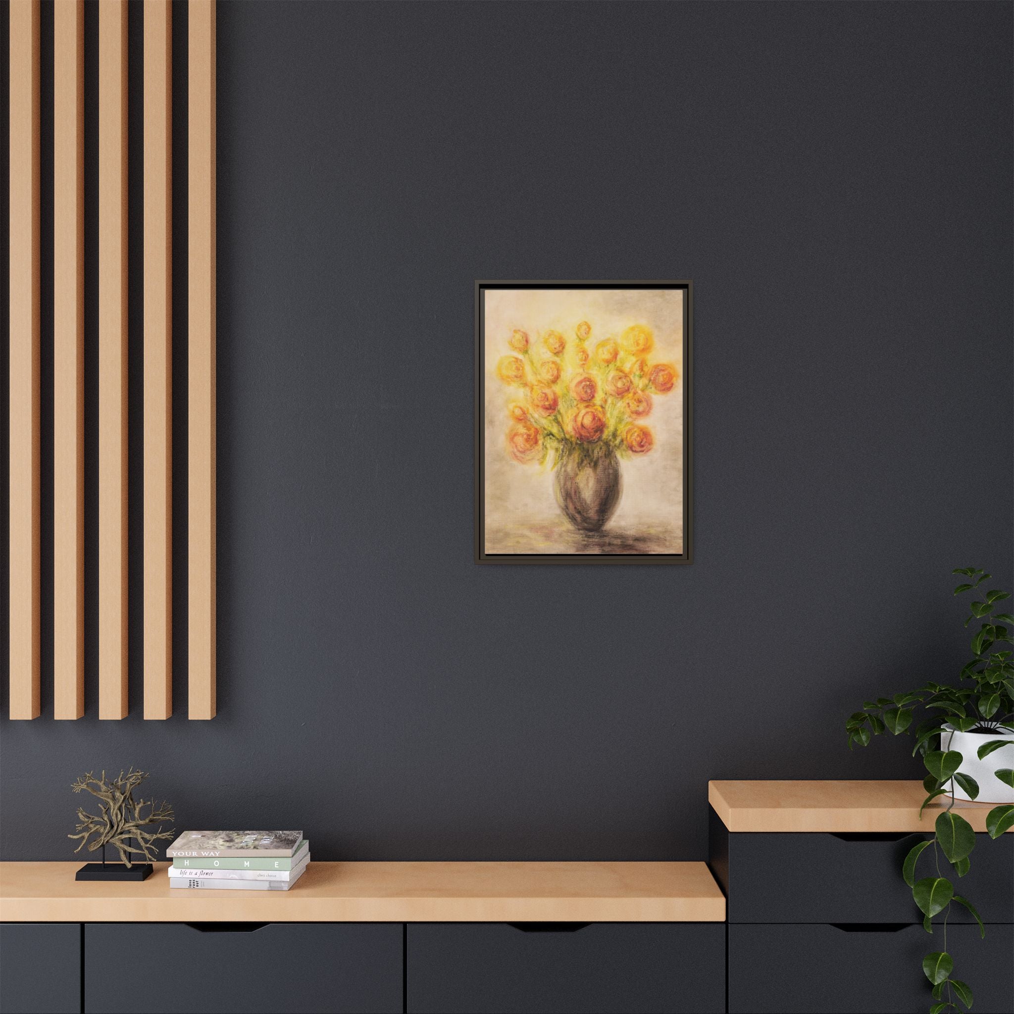 Framed Matte Canvas Floral Bouquet Wall Art — Yellow Rose Vase Print