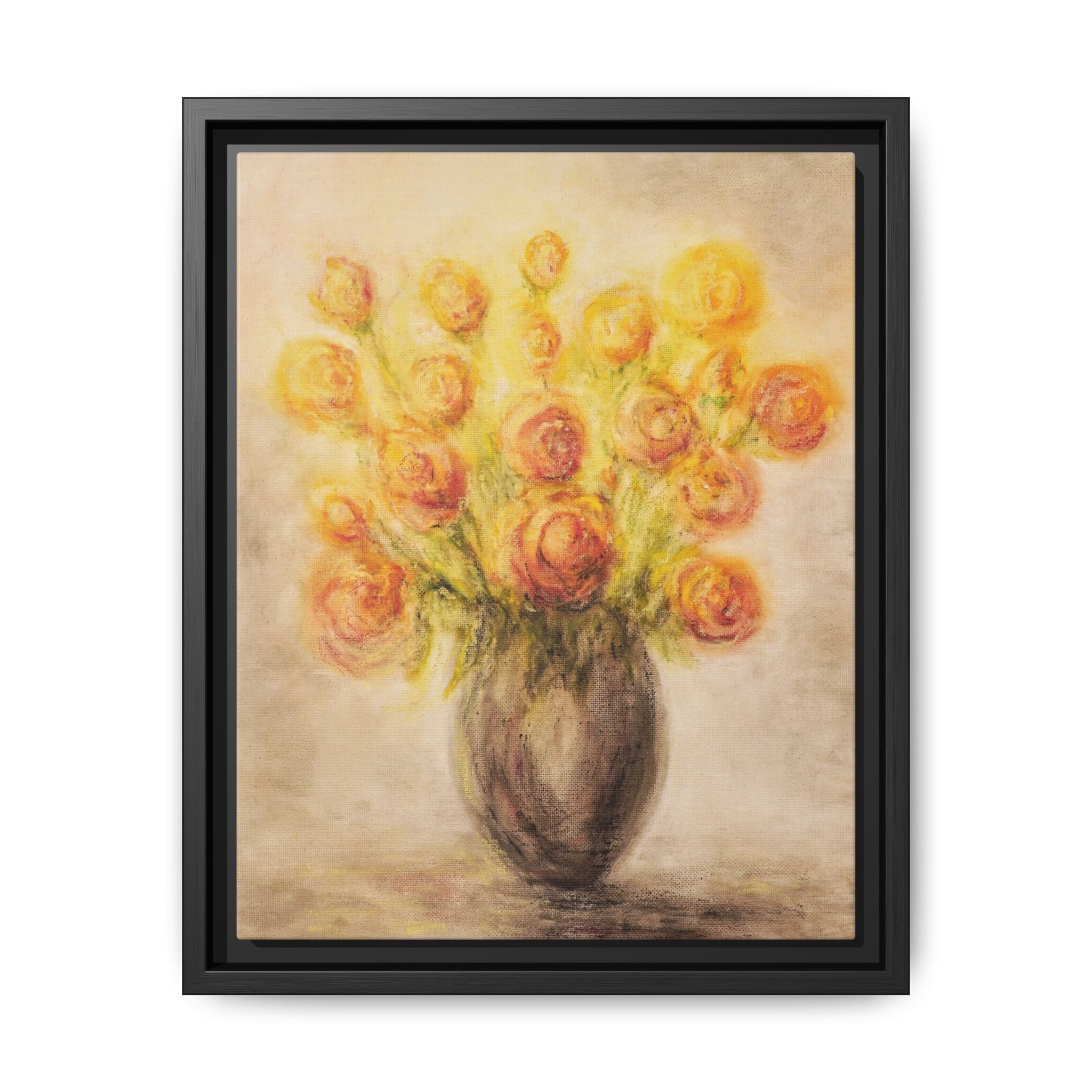 Framed Matte Canvas Floral Bouquet Wall Art — Yellow Rose Vase Print