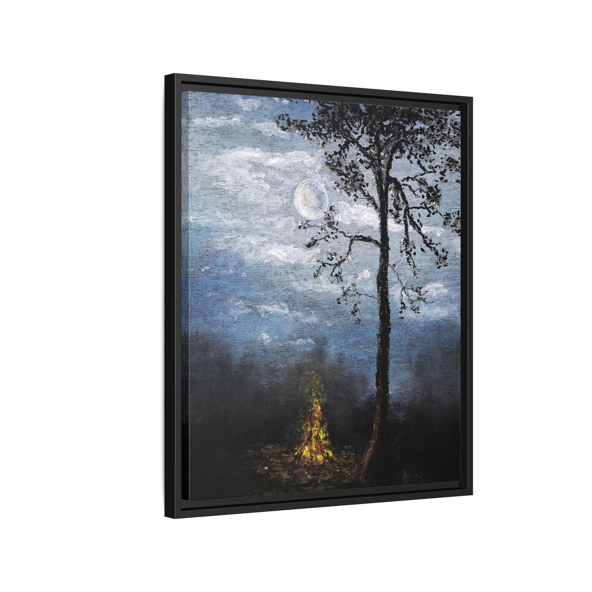 Framed Matte Canvas Print — Moonlit Campfire Landscape