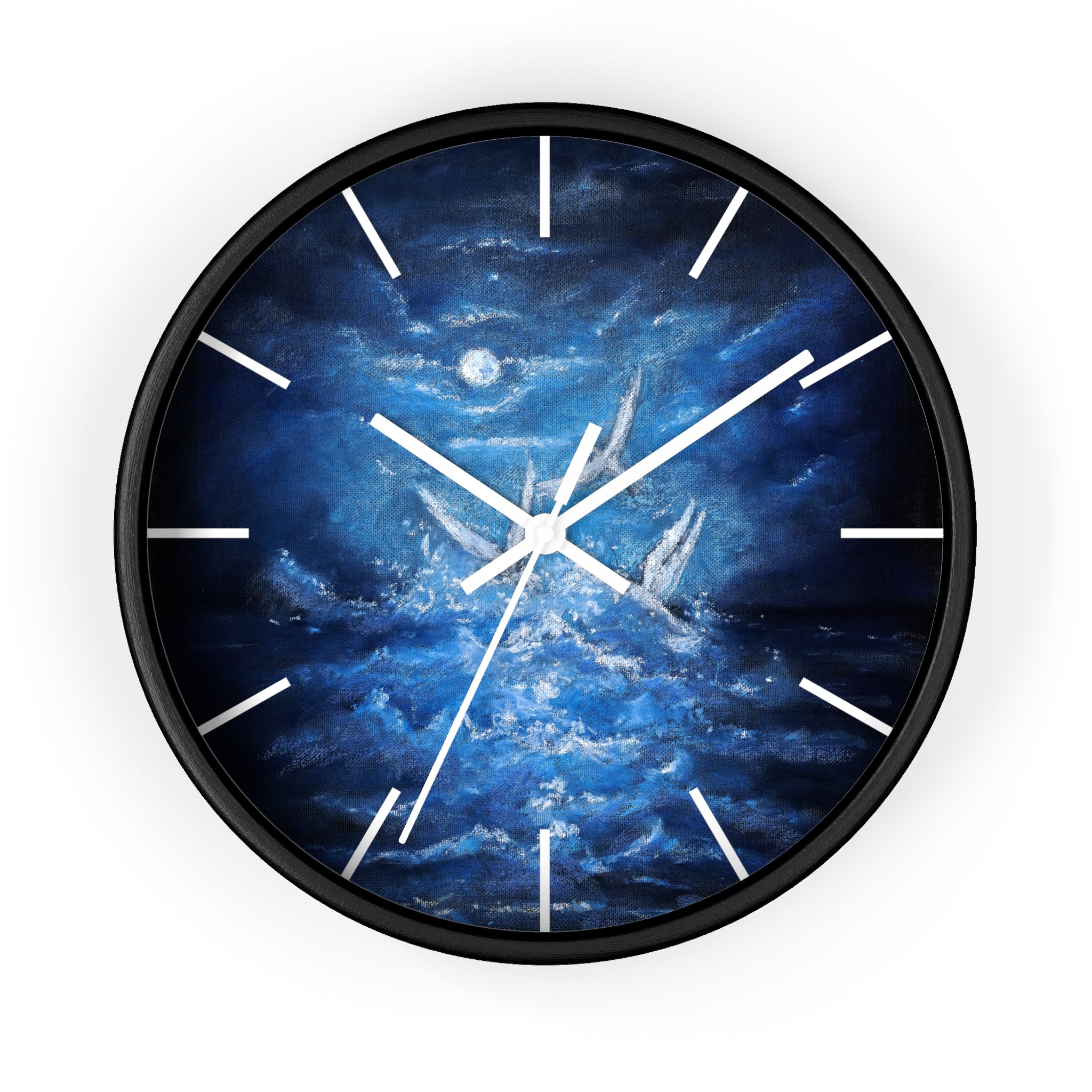 Blue Ocean Birds Wall Clock – Moonlit Sea White Birds Art