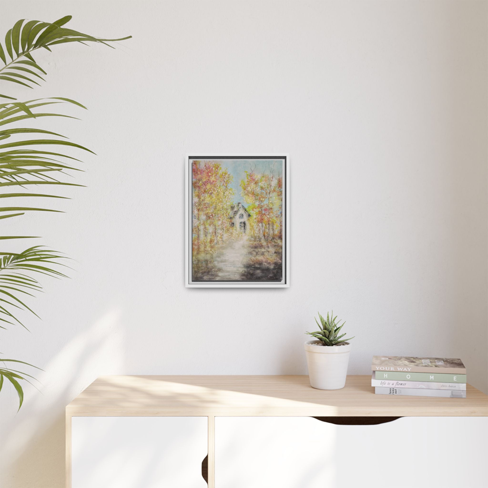 Framed Autumn Cottage Canvas Print — Rustic Fall Landscape Wall Art