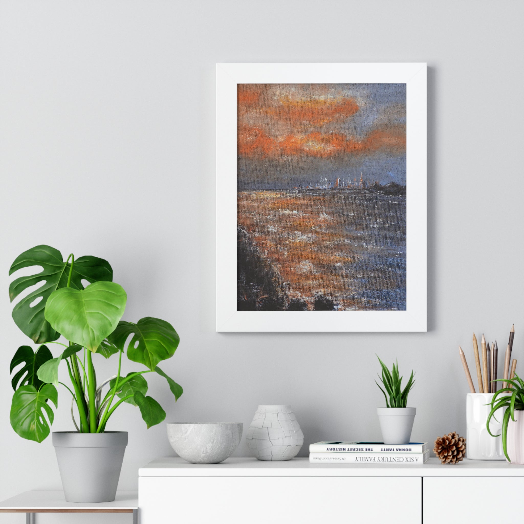 Framed Seascape Poster — Orange Sunset Coastal Art Print