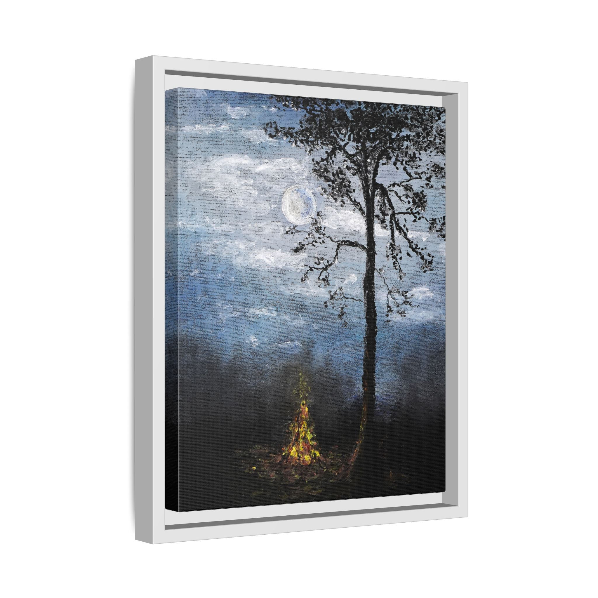Framed Matte Canvas Print — Moonlit Campfire Landscape