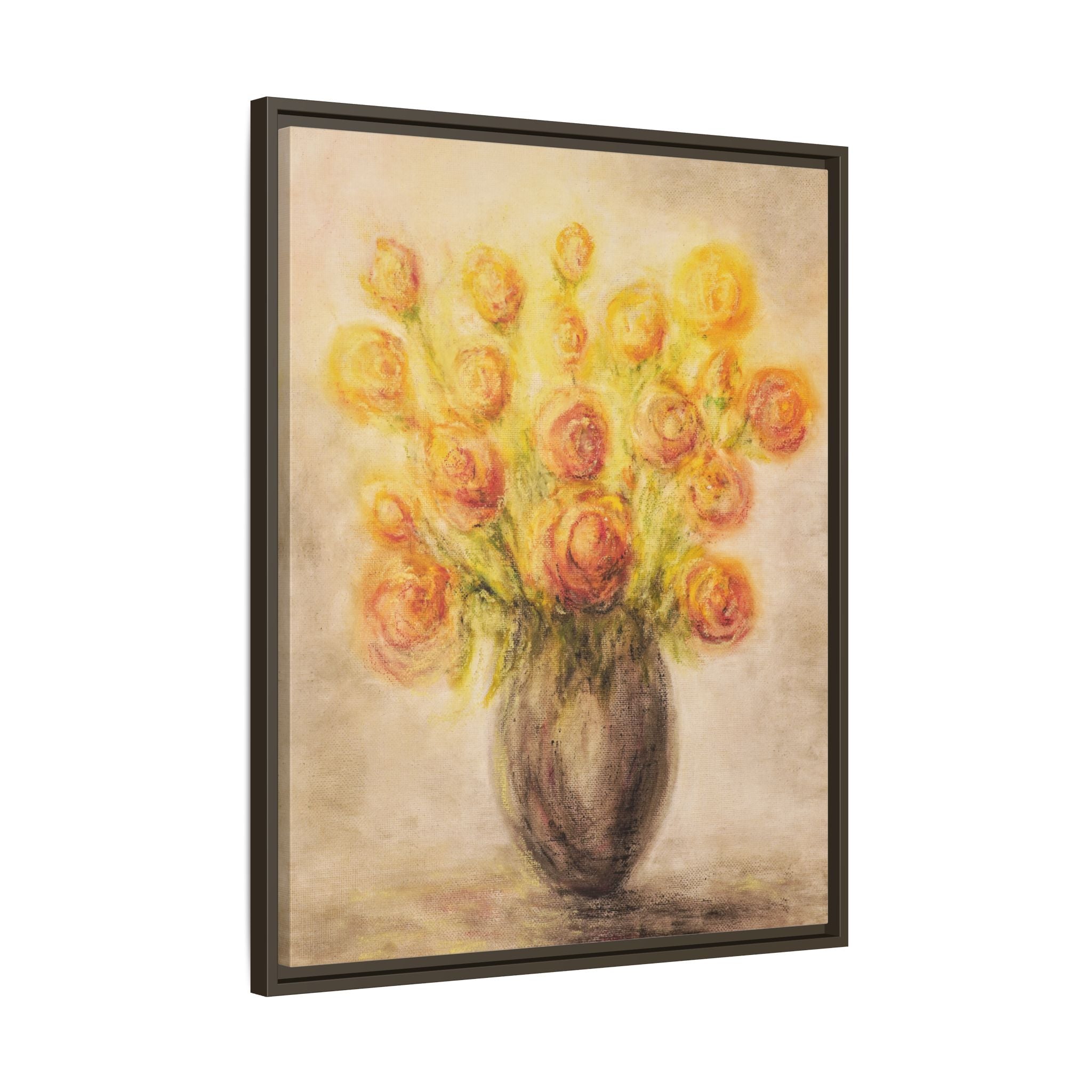 Framed Matte Canvas Floral Bouquet Wall Art — Yellow Rose Vase Print