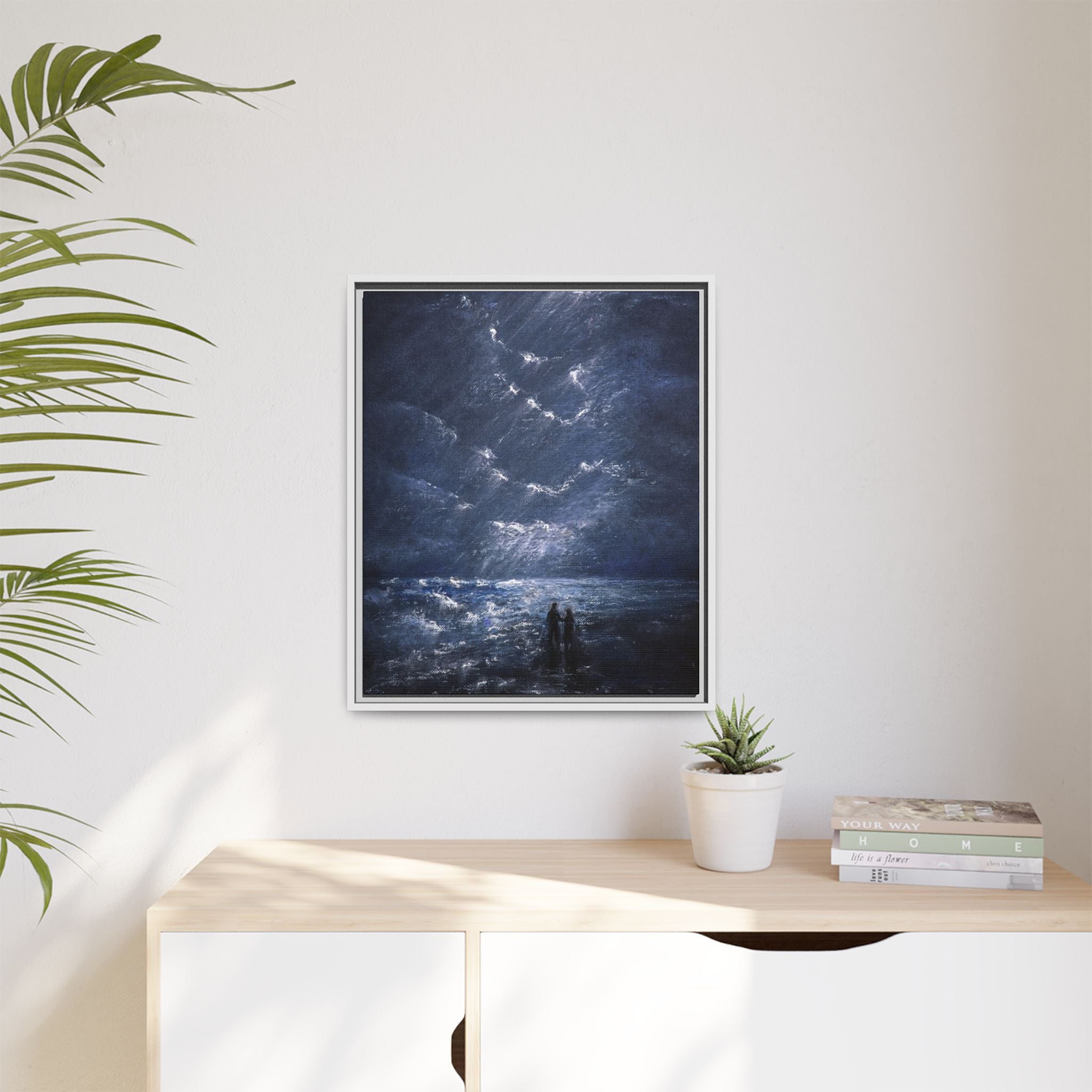 Couple on Shore at Night - Framed Canvas Art