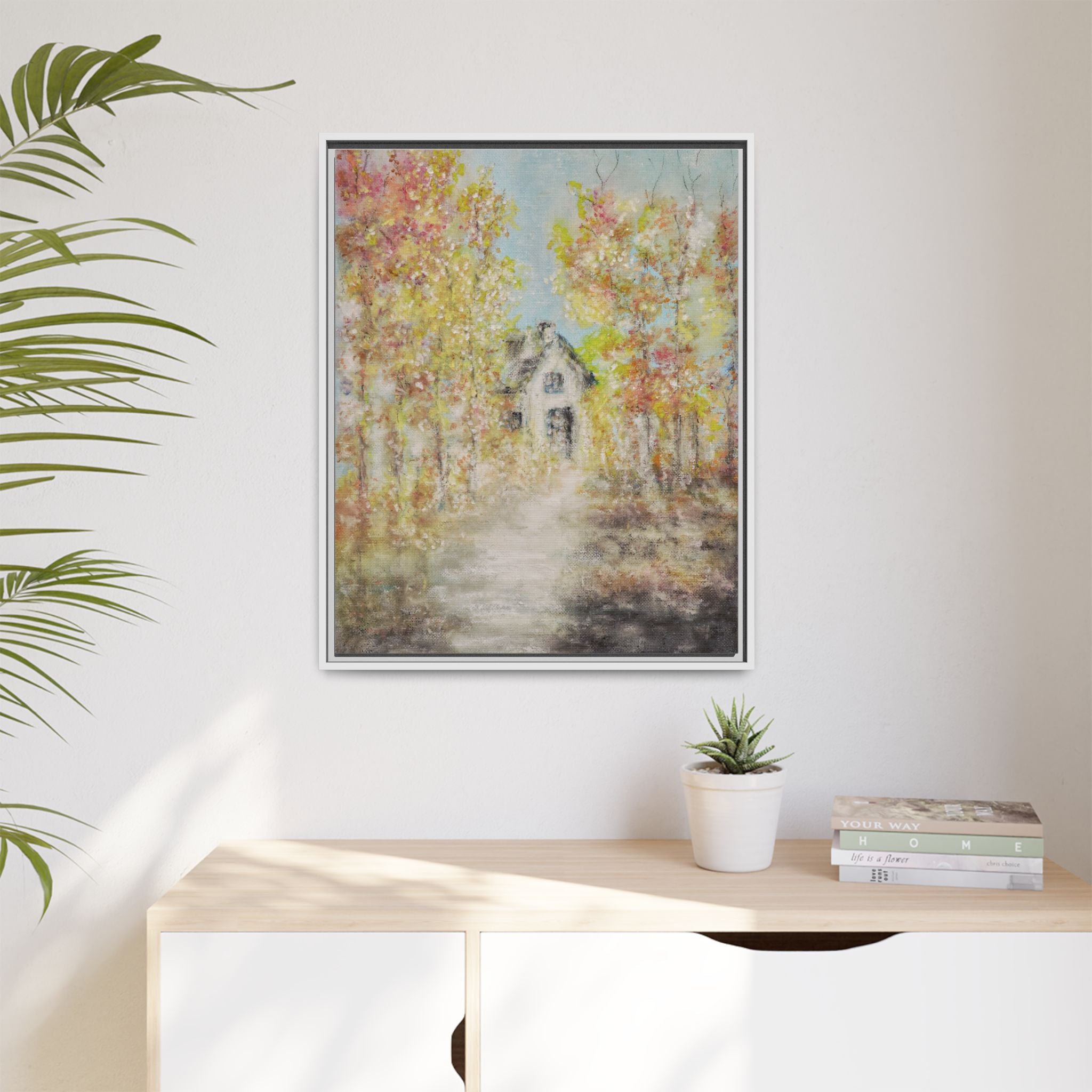Framed Autumn Cottage Canvas Print — Rustic Fall Landscape Wall Art