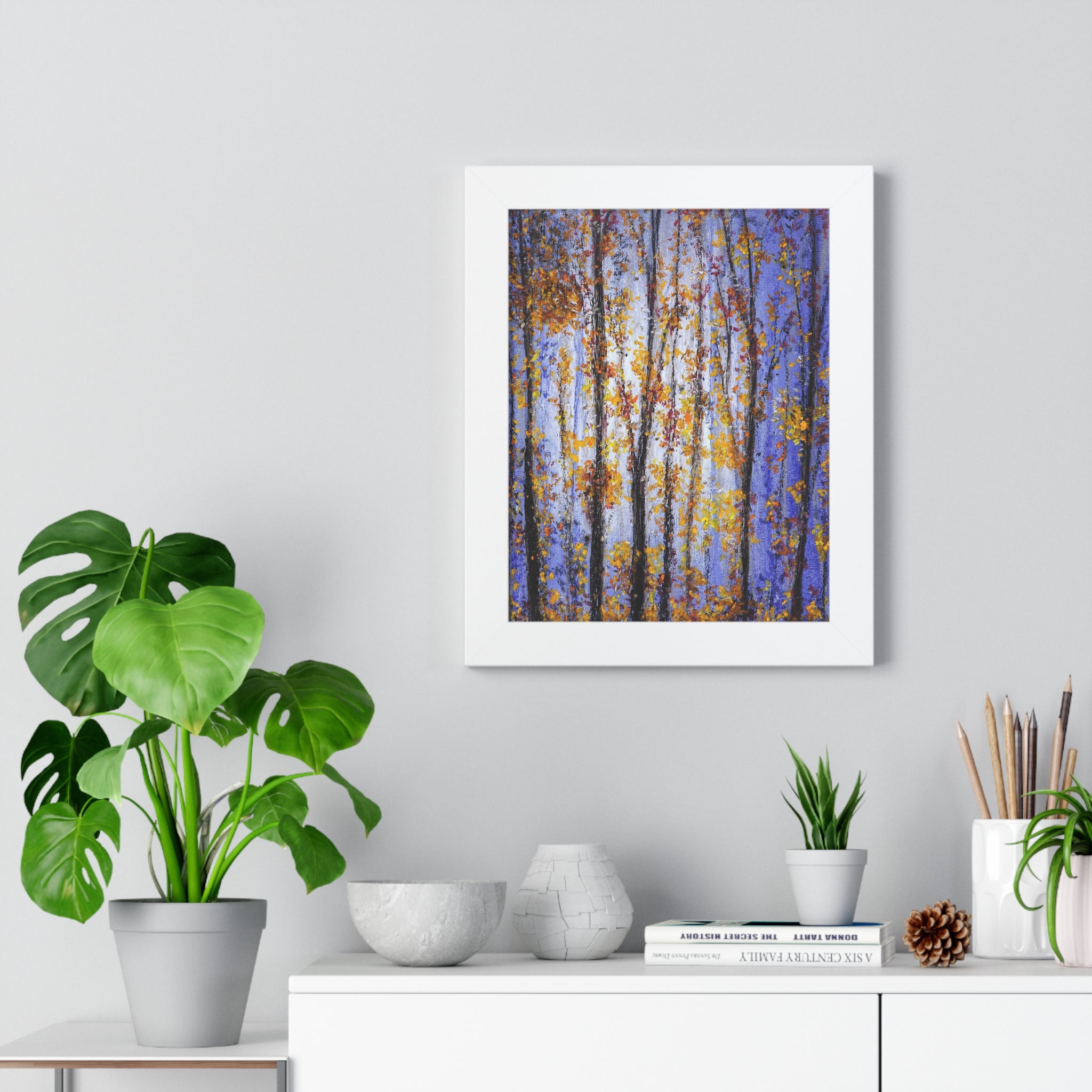 Autumn Birch Forest Framed Vertical Poster — Fall Trees Wall Art