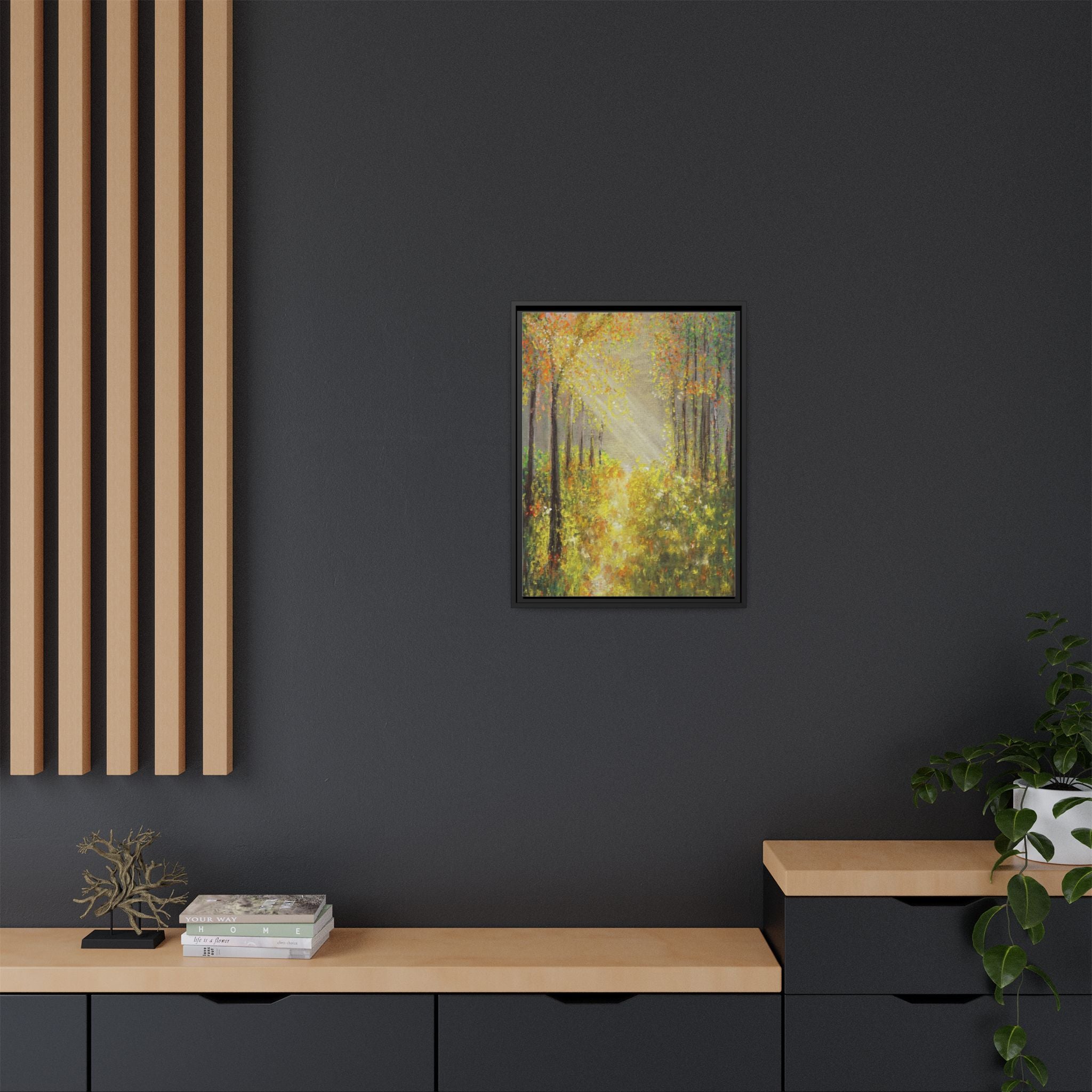 Sunlit Forest Path Framed Canvas Art — Autumn Woodland Wall Decor
