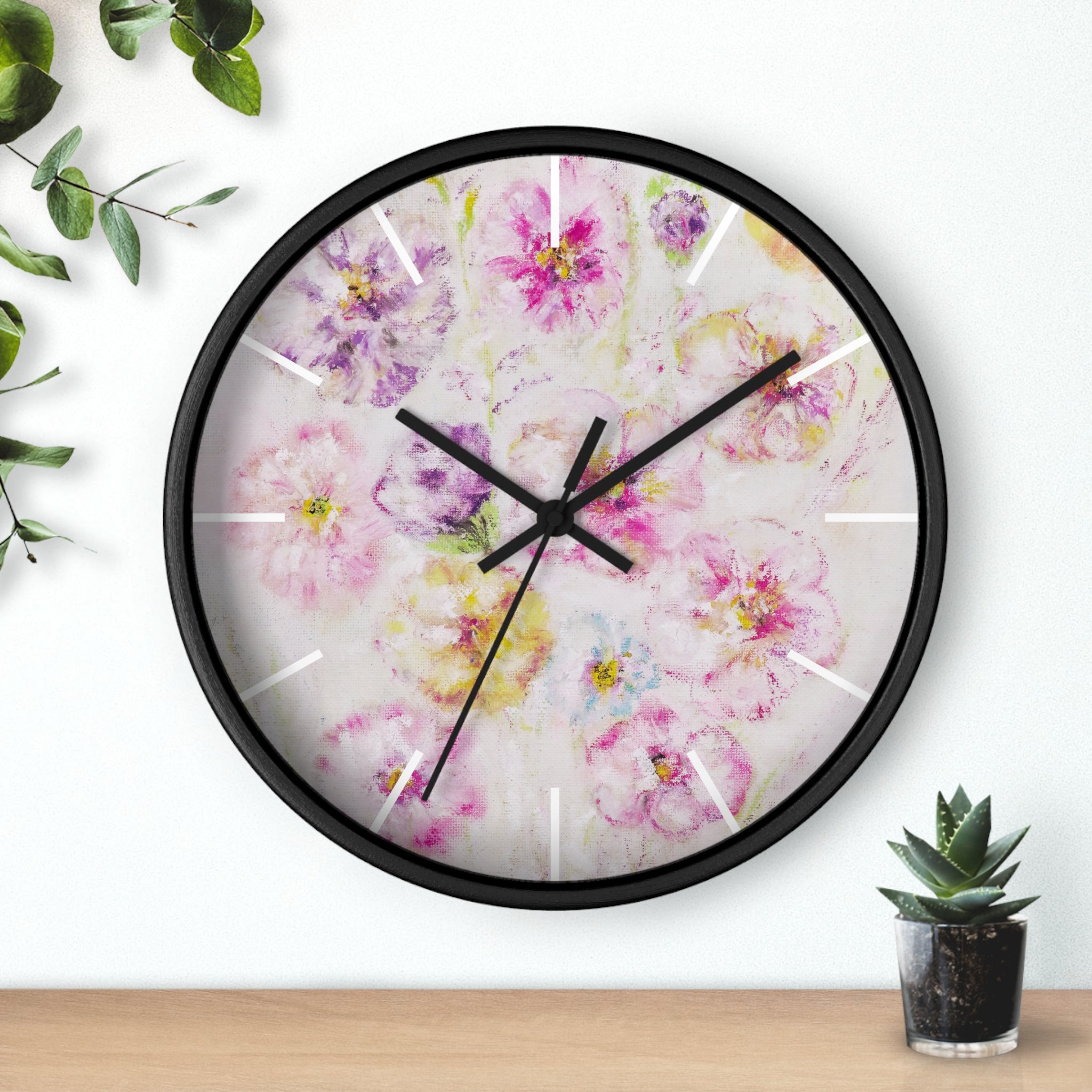 Floral Watercolor Wall Clock — Soft Pink Garden Floral Home Décor